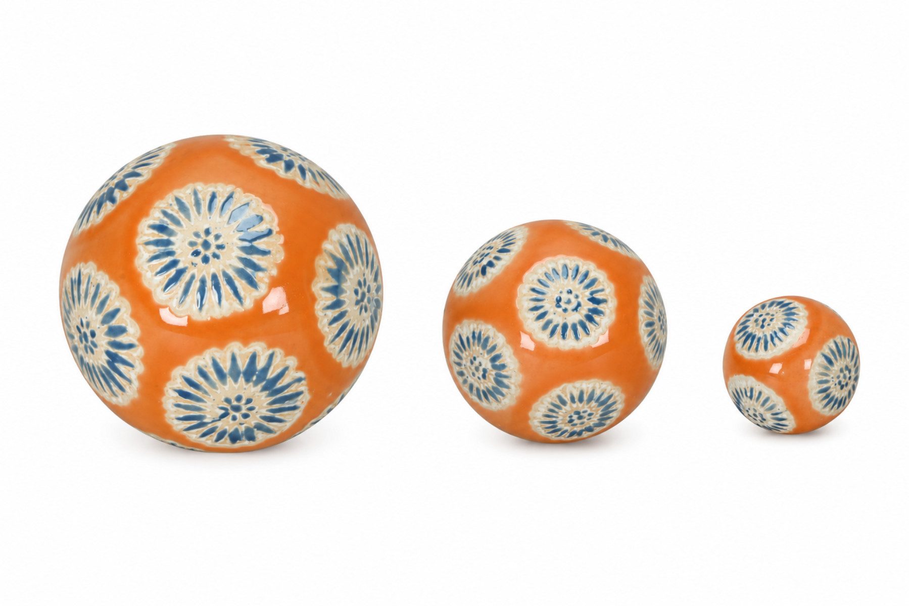 finehomegarden Teichfigur Schwimmkugel orange/blau Ø4cm/Ø6cm/Ø8cm Blüten Porzellan, (Set, 3-St., 3tlg), 3er Set Schwimmende Kugeln für Teich & Wasserschalen Elegante Deko