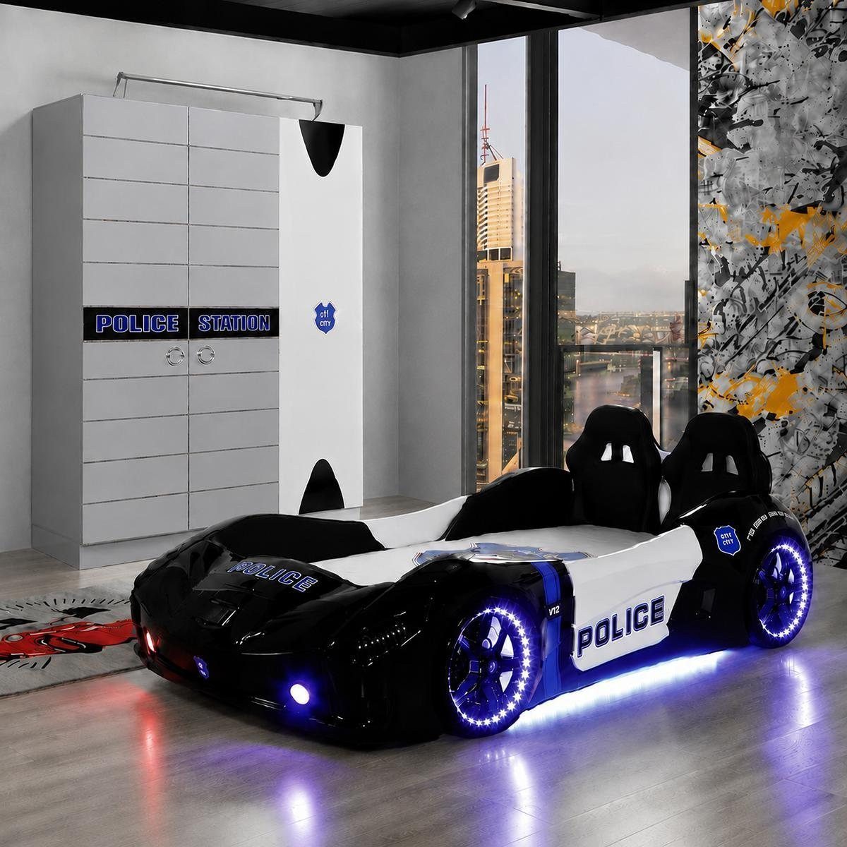 JVmoebel Autobett Autobett Polizei Kinderbett Rennwagen Schwarz LED Kleiderschrank (2-tlg., 2-tlg)