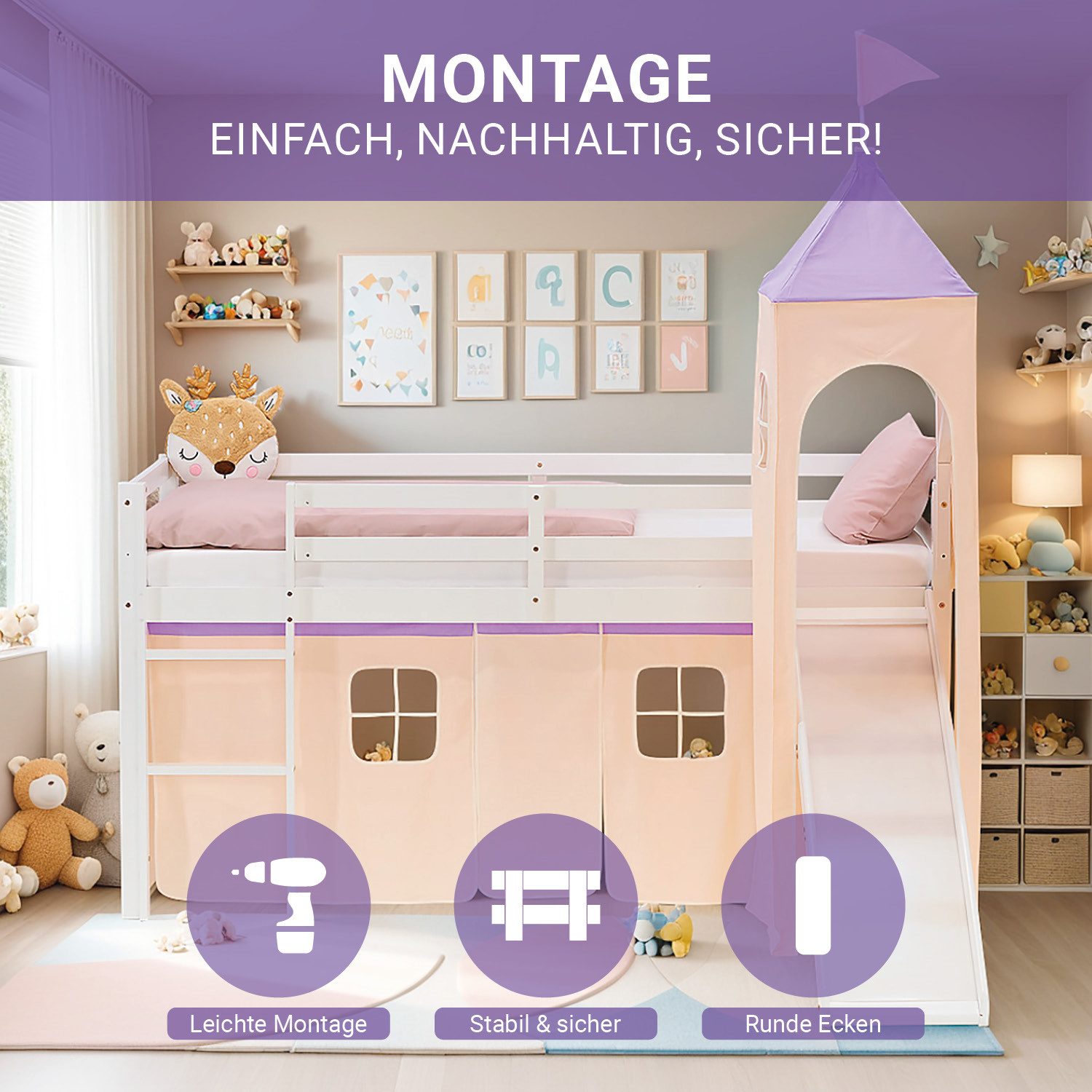 Homestyle4u Hochbett Kinderbett 90x200 Spielbett Holz Kiefer Mädchen Weiß Lila Vorhang (mit Rutsche und Turm, Spielbett) mit Rausfallschutz, Mädchen