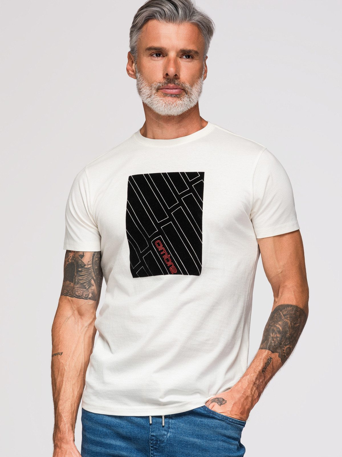 OMBRE T-Shirt Herren T-Shirt Regular Fit mit geometrischem Druck Weiß L (kein Set, 1-tlg)