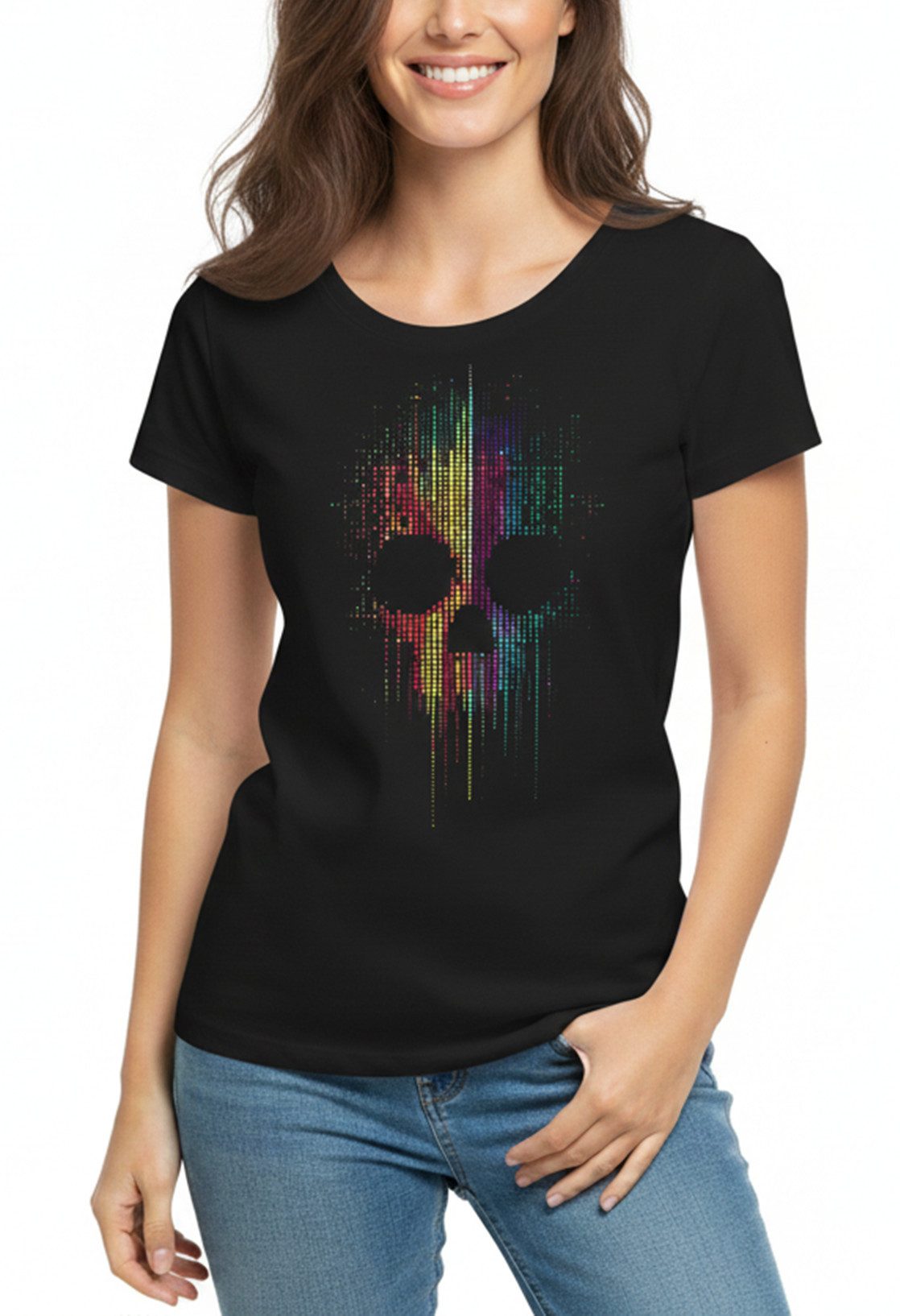 MAKAYA Print-Shirt Skull Motiv Top für Frauen – Bunter Look für Tattoo & Rock Fans (Schwarz, S, M, L, XL) Baumwolle