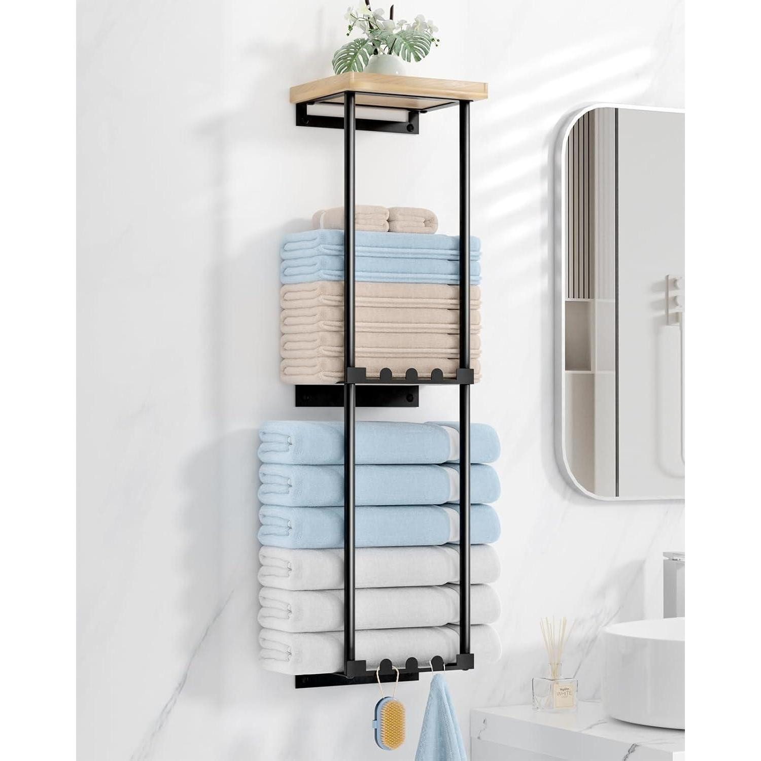 LuxusKollektion Handtuchregal Handtuchregal bohrfrei Wandmontage Ablage 6 Handtuchhaken Schwarz