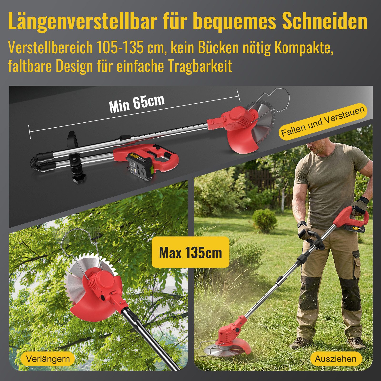 CONENTOOL Akku-Rasentrimmer 21V mit 4000mAh Akku, Verstellbarer Teleskopstiel, 15 cm Arbeitsbreite Messer, (Set, 4 Schneidwerkzeuge), Freischneider & Kantenschn – Bild 5 von 5