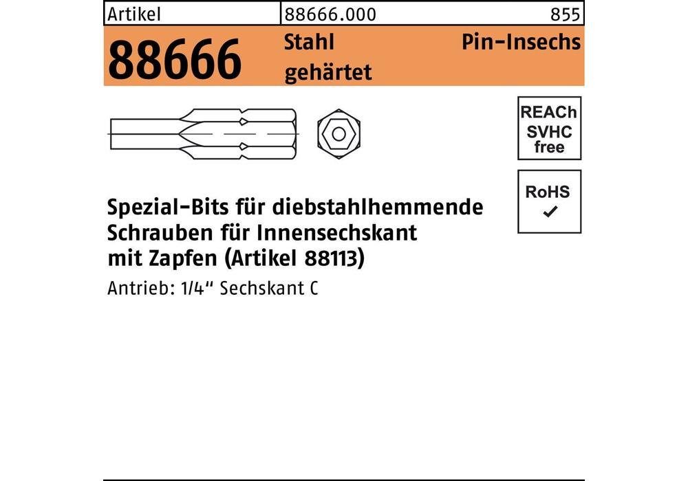 Bit-Set Bit R 88666 Innensechskant m.Zapfen SW2 /M 3+M3,5 Stahl gehärtet