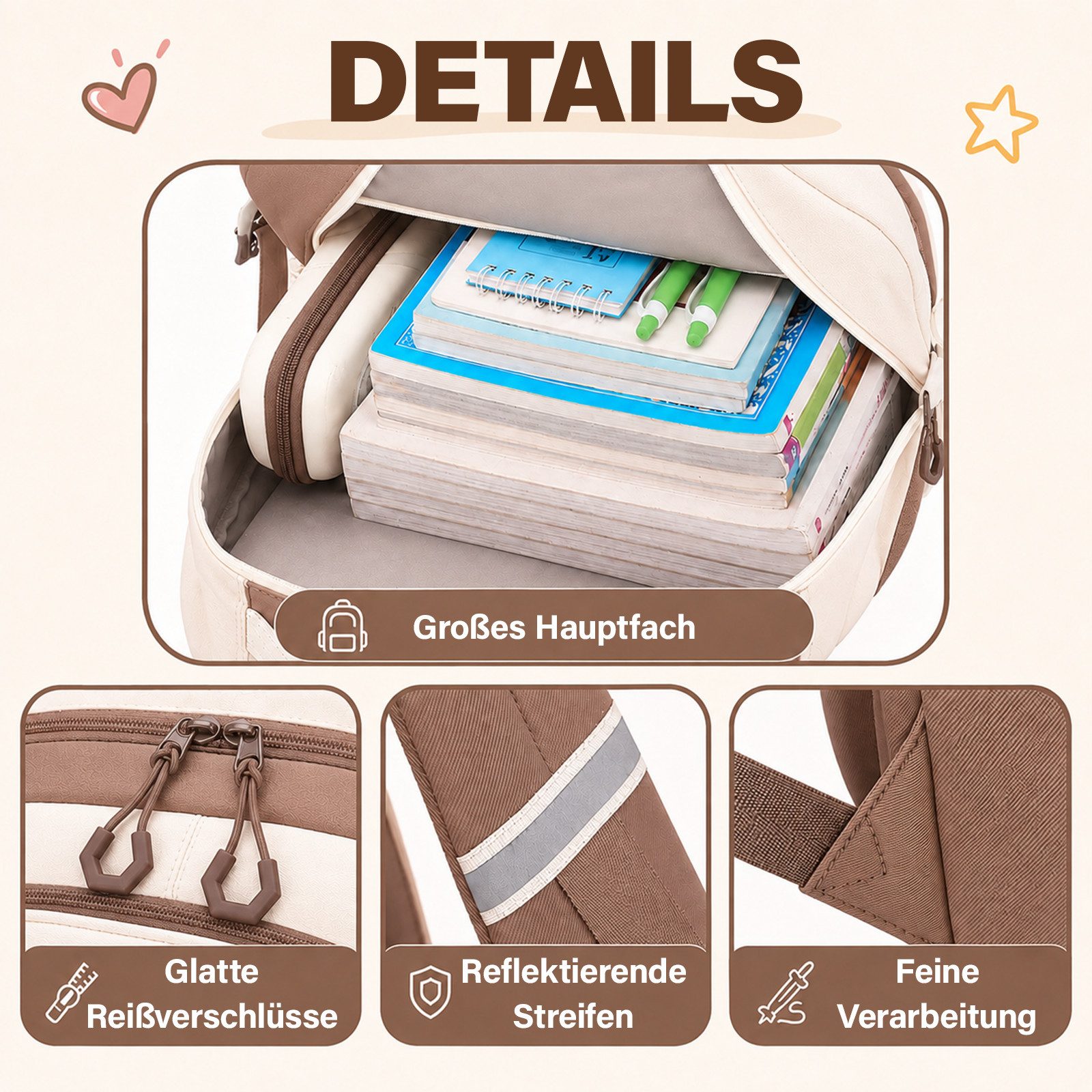 MOPUEA Schulrucksack Schulrucksack Mädchen Teenager (Rucksack Set mit Schultasche und Nachhilfetasche, 2-tlg., Für Grundschule und weiterführende Schule mit Lap – Bild 5 von 5