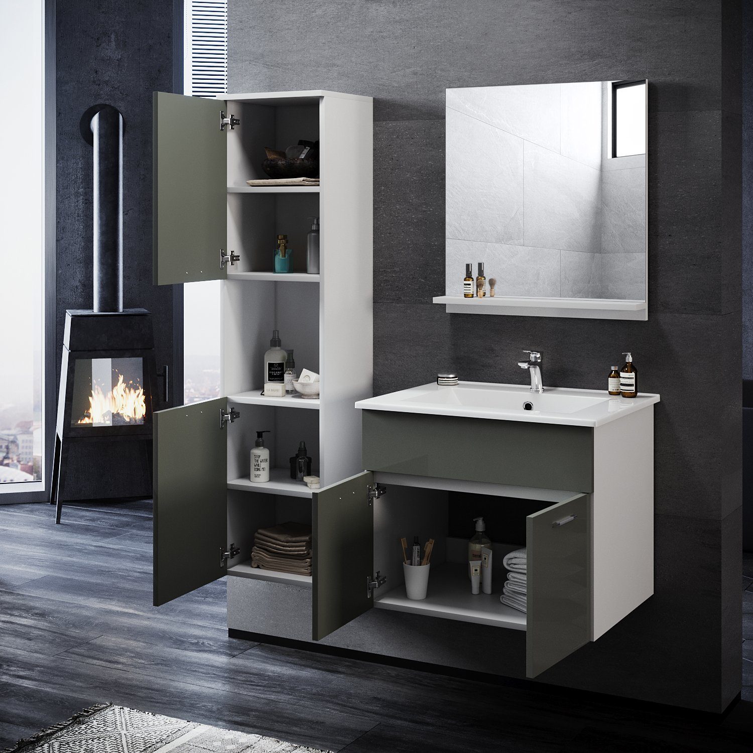 SONNI Badmöbel-Set mit Waschbecken mit Unterschrank und Spiegel  Badezimmermöbel, mit Hochschrank 3-teilig 60cm Hochglanz Grau/Weiß für  kleine Bäder