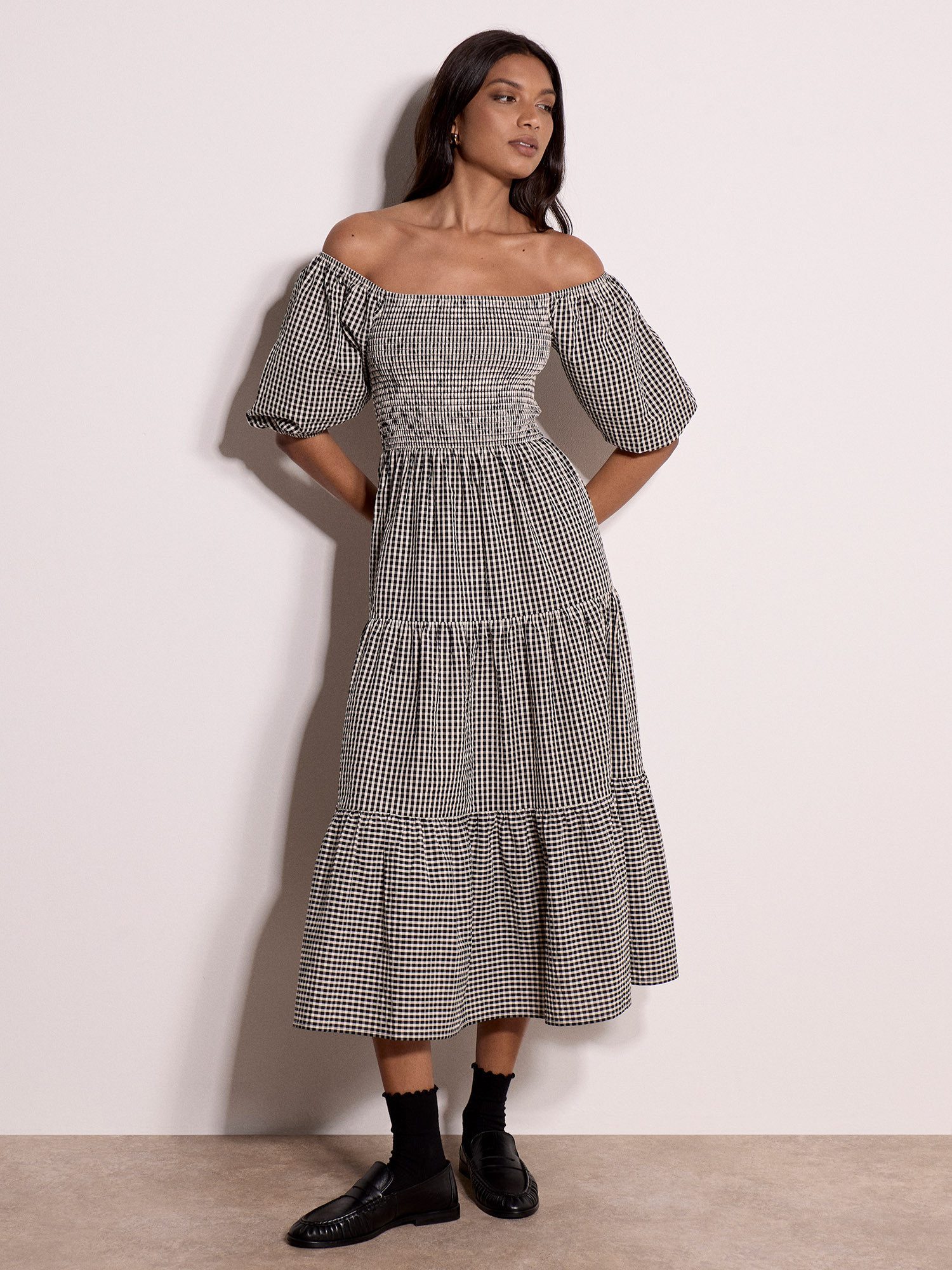 Apricot Midikleid Milchmädchen-Midaxi-Kleid in Karomuster mit eckigem Ausschnitt