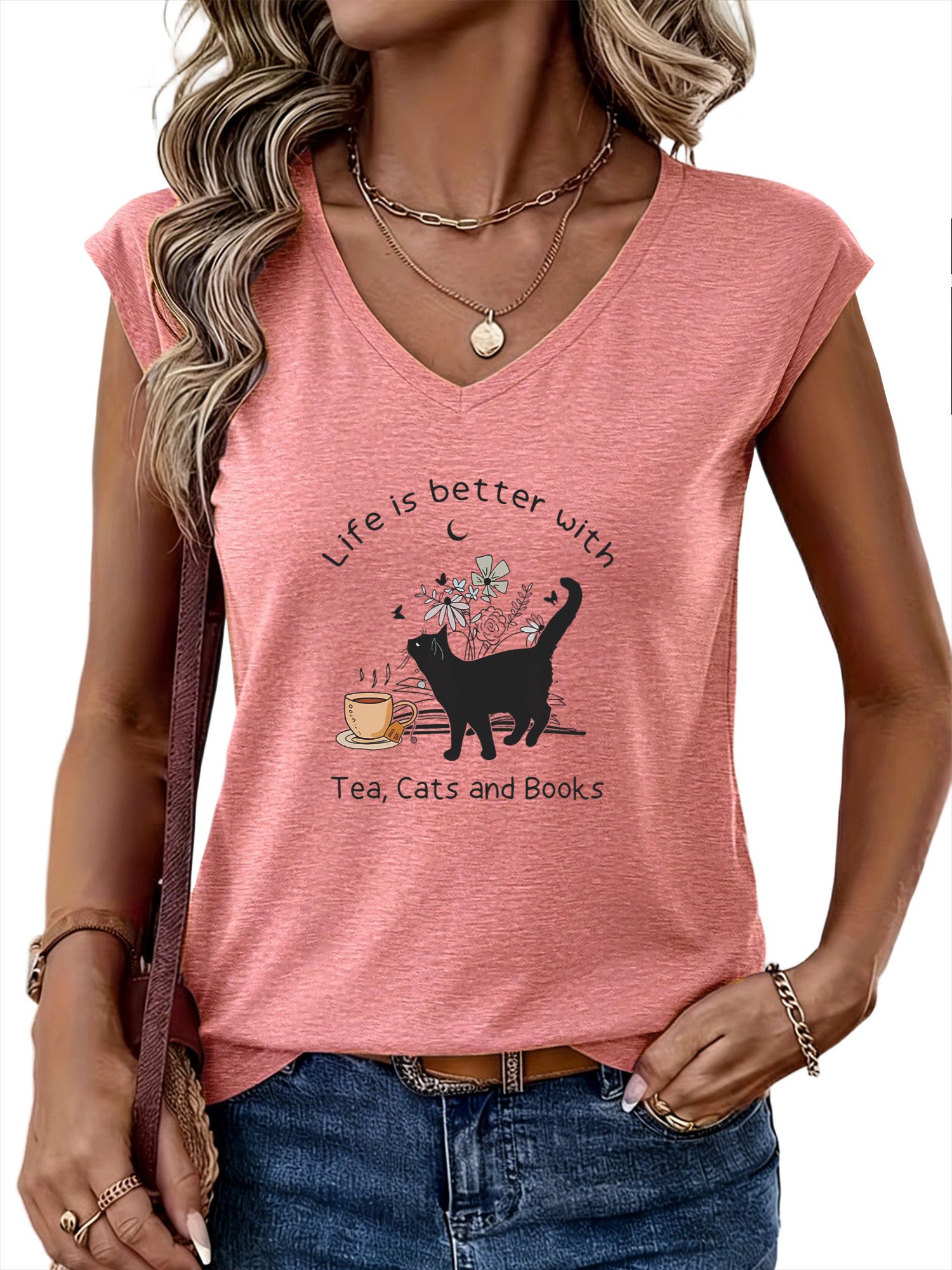 PYLIKE Neckholdertop Damen Casual Achselhemd mit schwarze Katze Print-Shirt Bequem für Freizeit und Büro,Strandurlaub