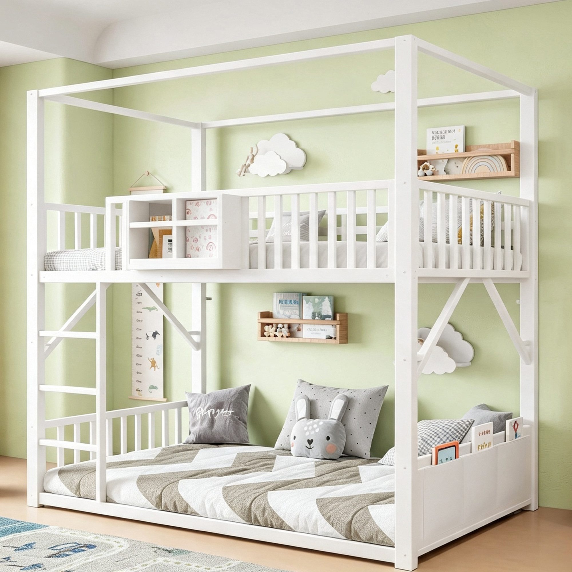 Flieks Etagenbett, Metallbett Kinderbett 90x200cm Hausform mit Lattenrost & Schutzgitter