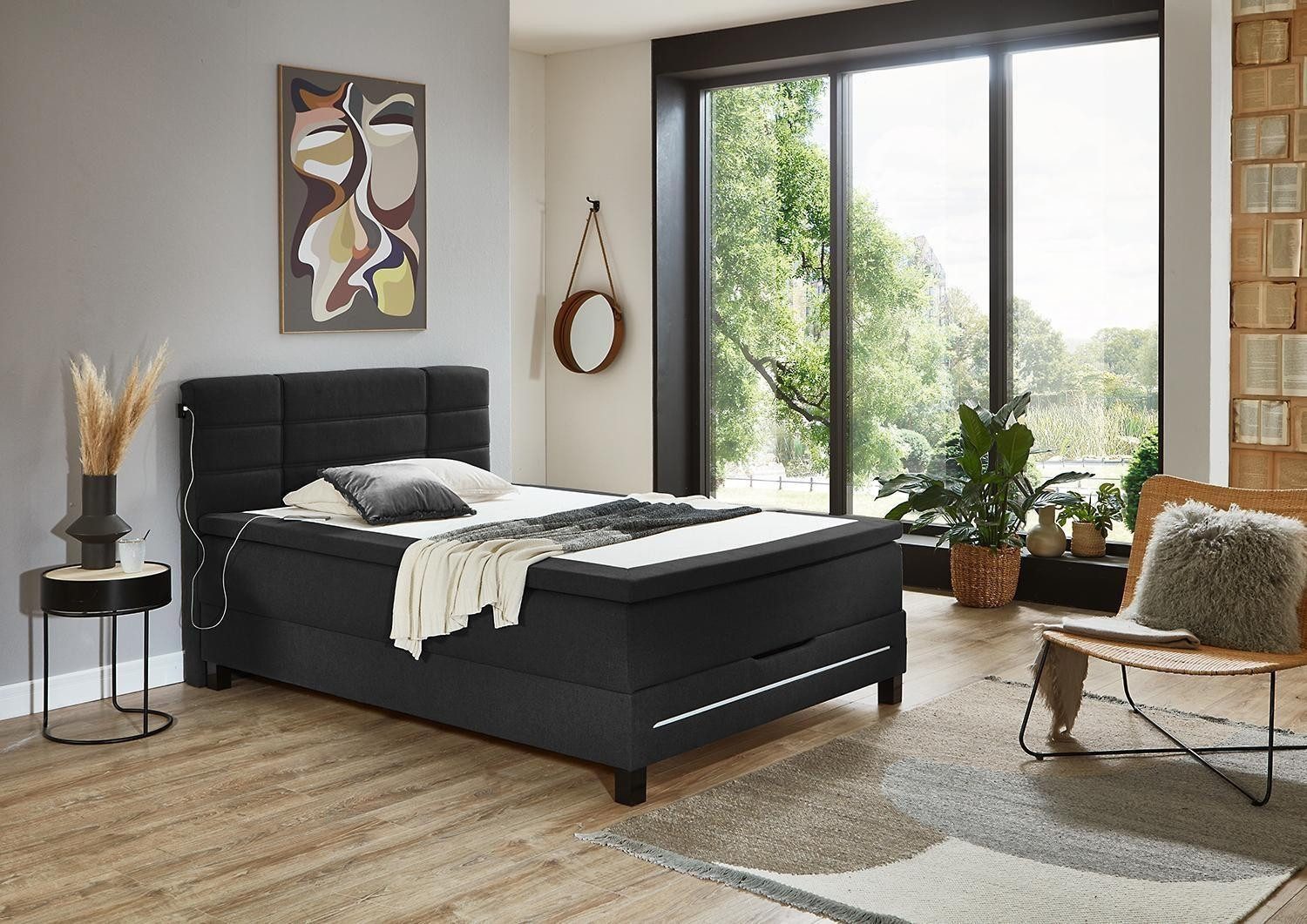 Boxspringbett BX2260, 140 x 200 cm, Anthrazit, Stoff, Bettkasten, RGB-Farbwechsel, USB-Ladeanschluss