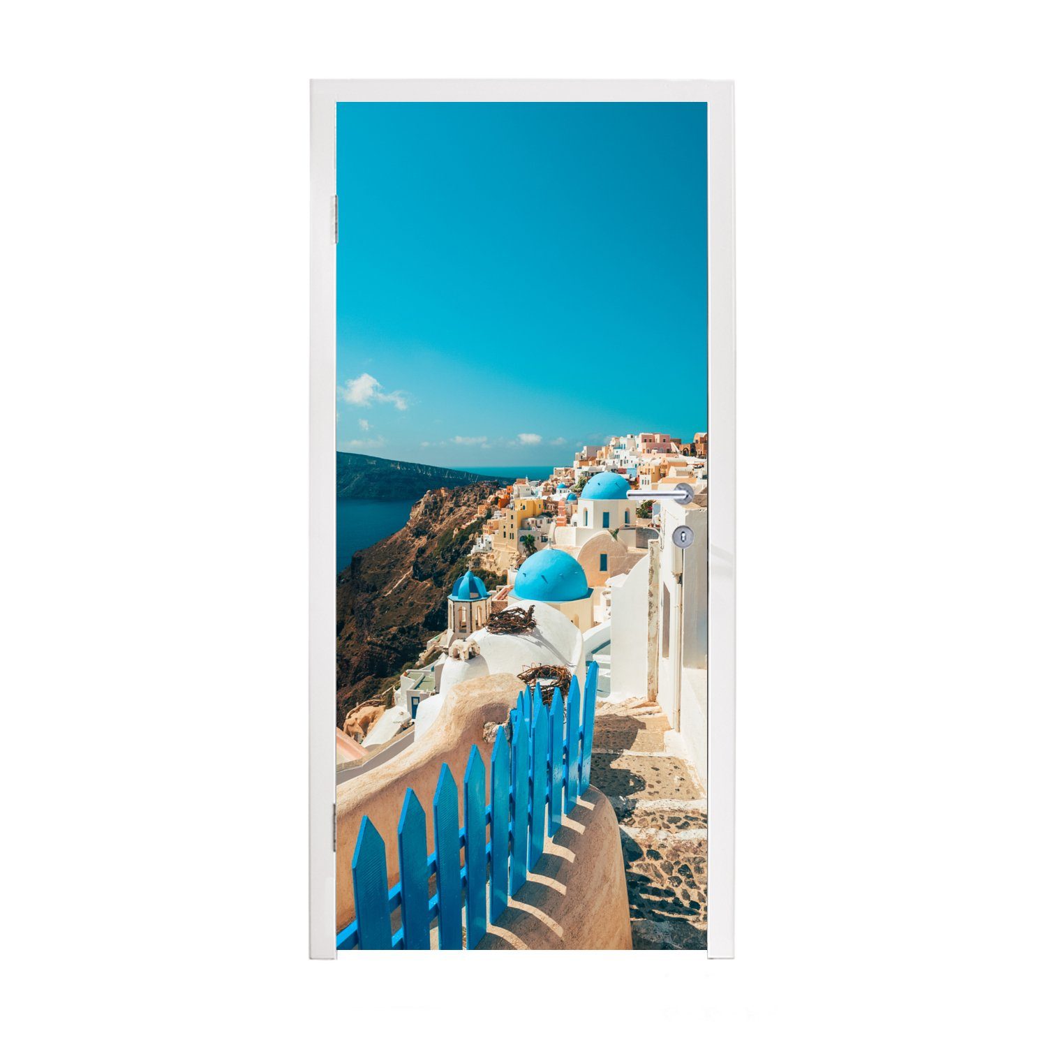 MuchoWow Türtapete Blauer Bürgersteig in Santorini Griechenland, Matt, bedruckt, (1 St), Fototapete für Tür, Türaufkleber, 75x205 cm
