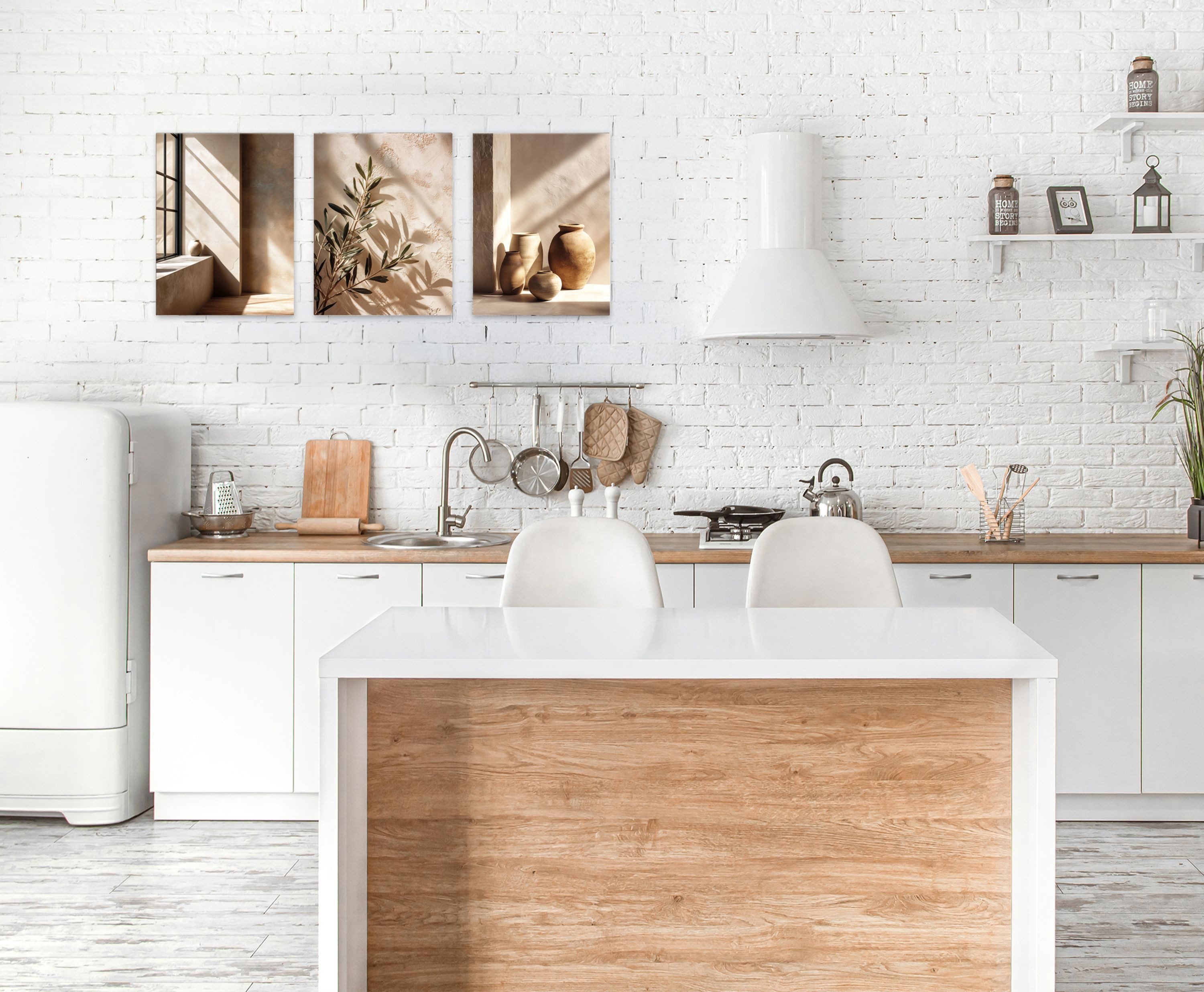 artissimo Mehrteilige Bilder Wandbilder-Set 3er-Set / Japandi Wanddeko / Wohnzimmer, Stillleben: Vasen und Olivenzweig in beige braun