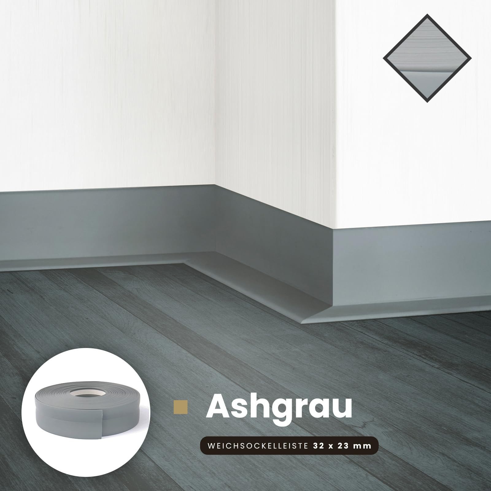 DQ-PP Sockelleiste DQ-PP WEICHSOCKELLEISTE 10m, 32x23mm, selbstklebend, Gummileiste, PVC, Sockelleiste, Abschlussleiste, Bodenleiste, Winkelprofil