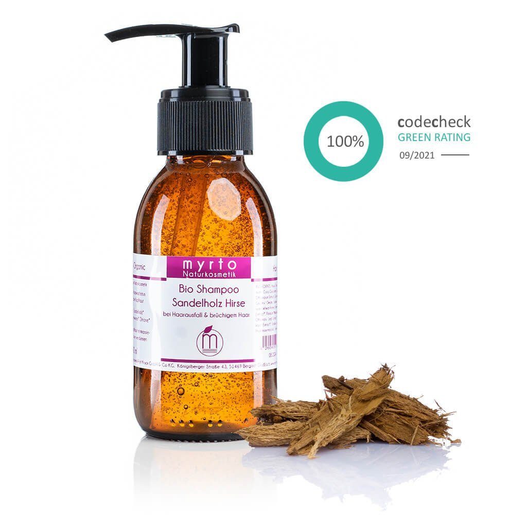 myrto Naturkosmetik Kopfhaut-Pflegeshampoo Bio Shampoo Sandelholz Hirse - bei Haarausfall & brüchigem Haar mit, Milliacin & Klettenwurzel für mehr Haarwachstum & gesunde Kopfhaut