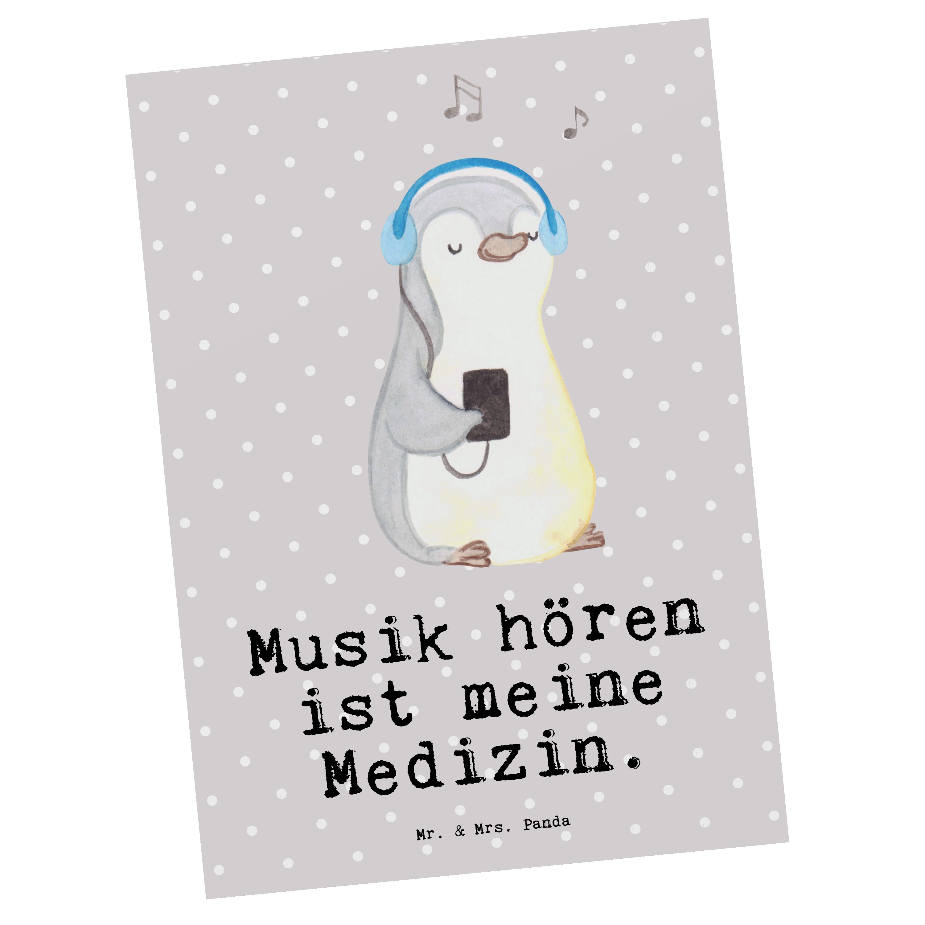 Mr. & Mrs. Panda Postkarte Pinguin Musik hören Medizin - Grau Pastell - Geschenk, Lieblingssong