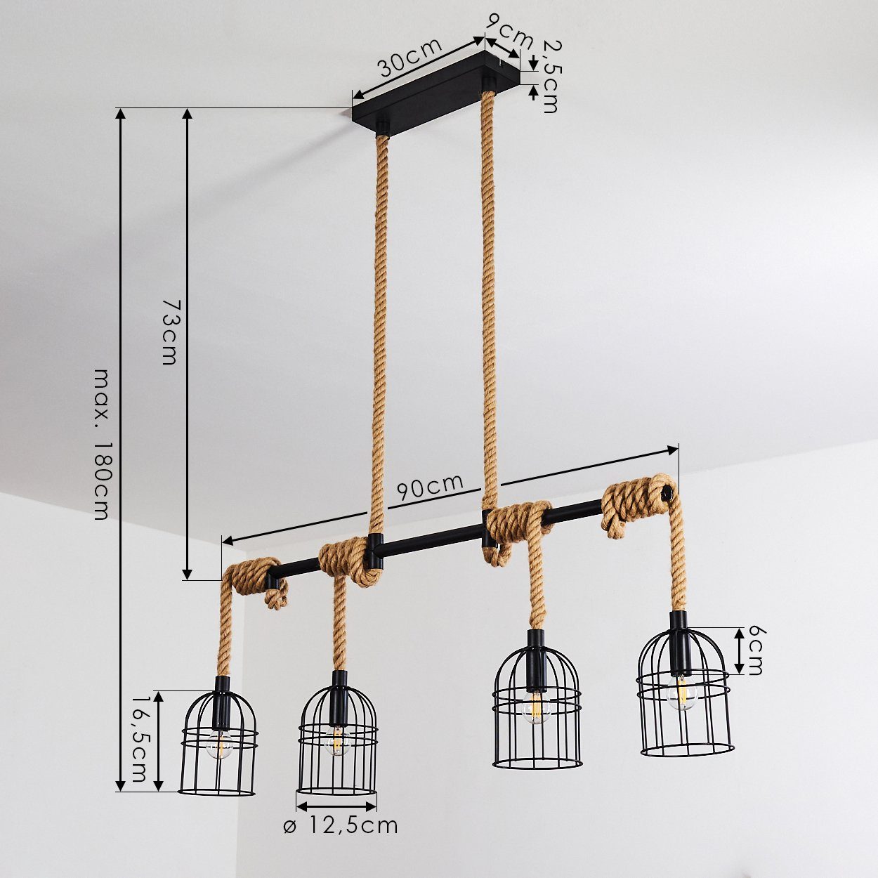 Deckenlampe beliebig Metallschirmen, in »Piaia« Schwarz ohne hofstein Kordel, verstellbar Zimmerlampe 4xE14, aus Leuchtmittel, mit Höhe mit Metall 4-flammige Pendelleuchte