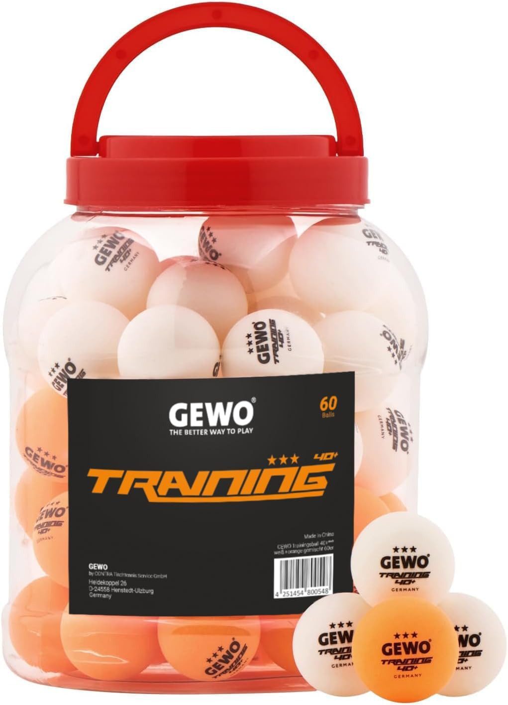 Gewo Tischtennisball 60 Stück, 3 Sterne 40+, Training ABS Ping Pong Bälle weiß-orange (60-St)