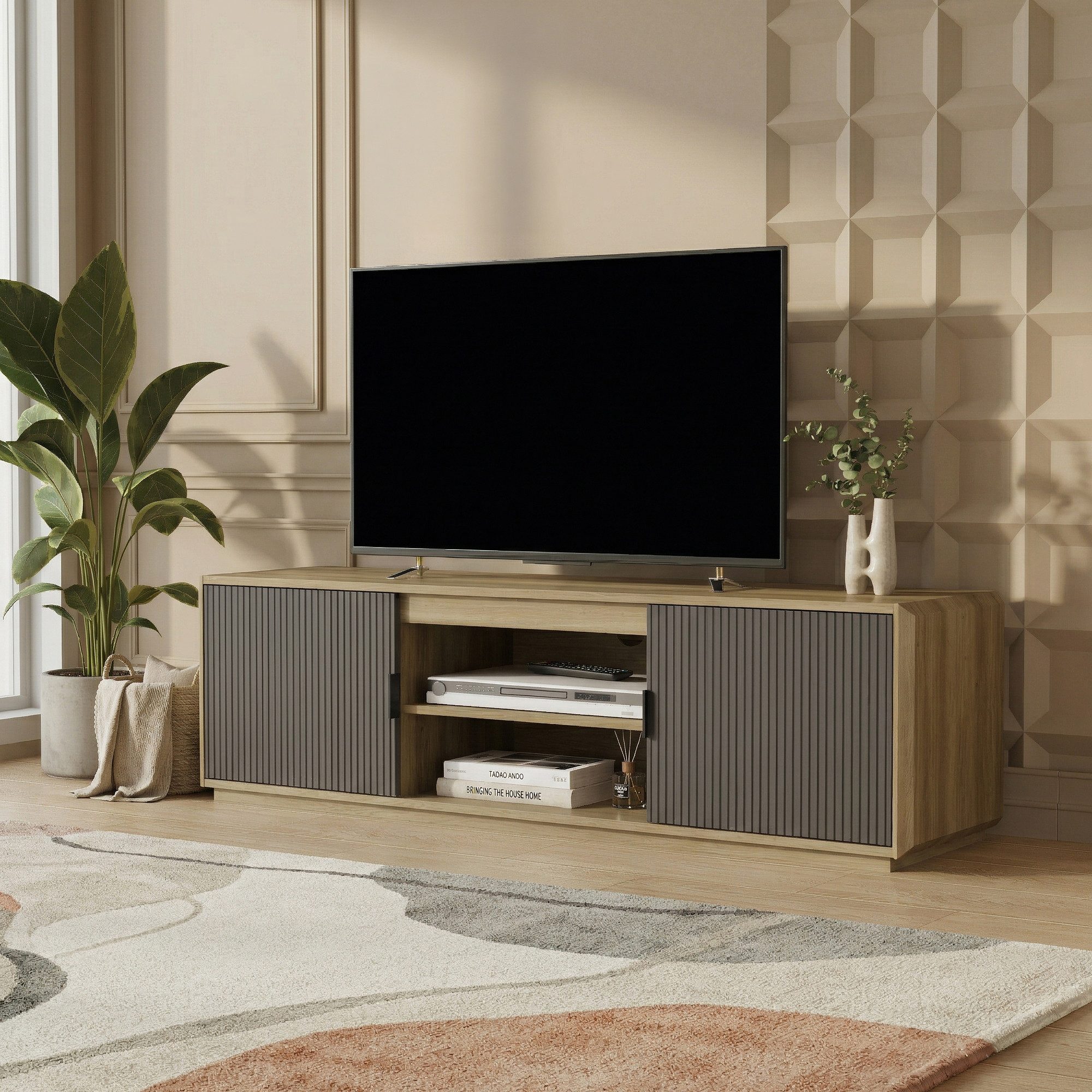 en.casa TV-Schrank »Trömi« mit 2 Türen 150 x 40 x 43 cm Eicheoptik / Grau