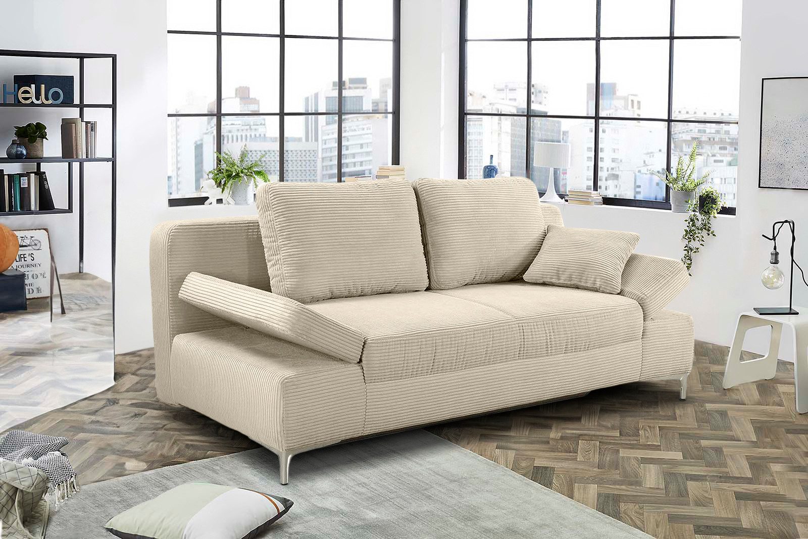 luma-home Schlafsofa 15203, mit Bettfunktion B202/T103/H89 cm, Liegefläche 144x198 cm, Federkern, Bettkasten, Armlehnen verstellbar, Cord Beige Grau