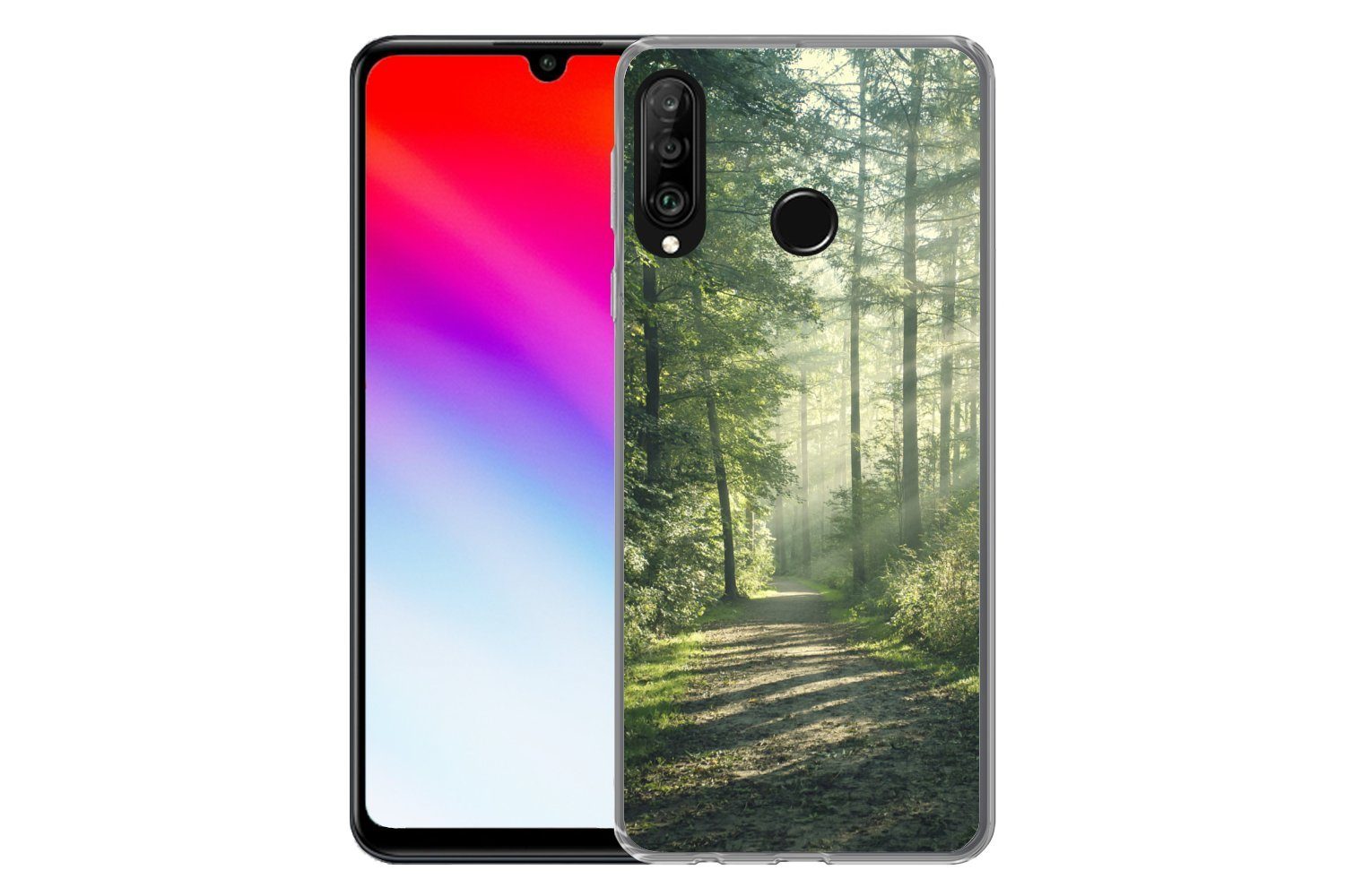 MuchoWow Handyhülle für Huawei P30 Lite Wald - Weg - Sonne - Bäume - Grün - Natur, Handy Case, Silikon, Bumper Case Dünn