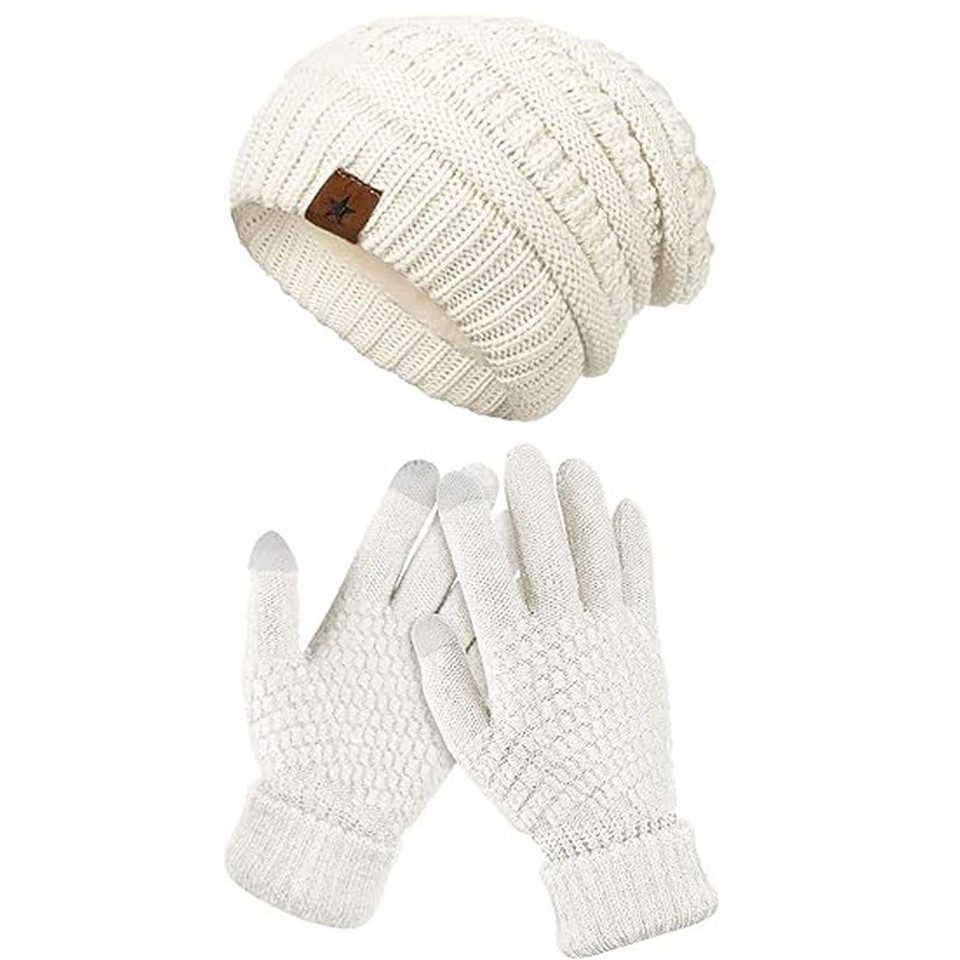 Coonoor Mütze & Schal Winter-Beanie-und-Handschuh-Set, warme Strickmütze, Touchscreen-Strickhandschuhe
