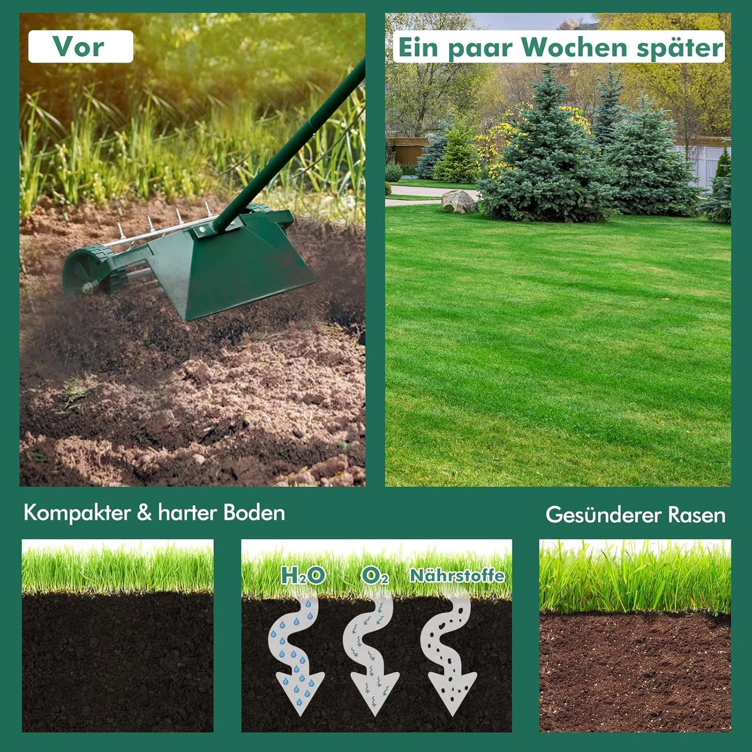 KOMFOTTEU Rasenlüfter, 46,00 cm Arbeitsbreite, mit 3cm Nägeln & breitem Schutzschild