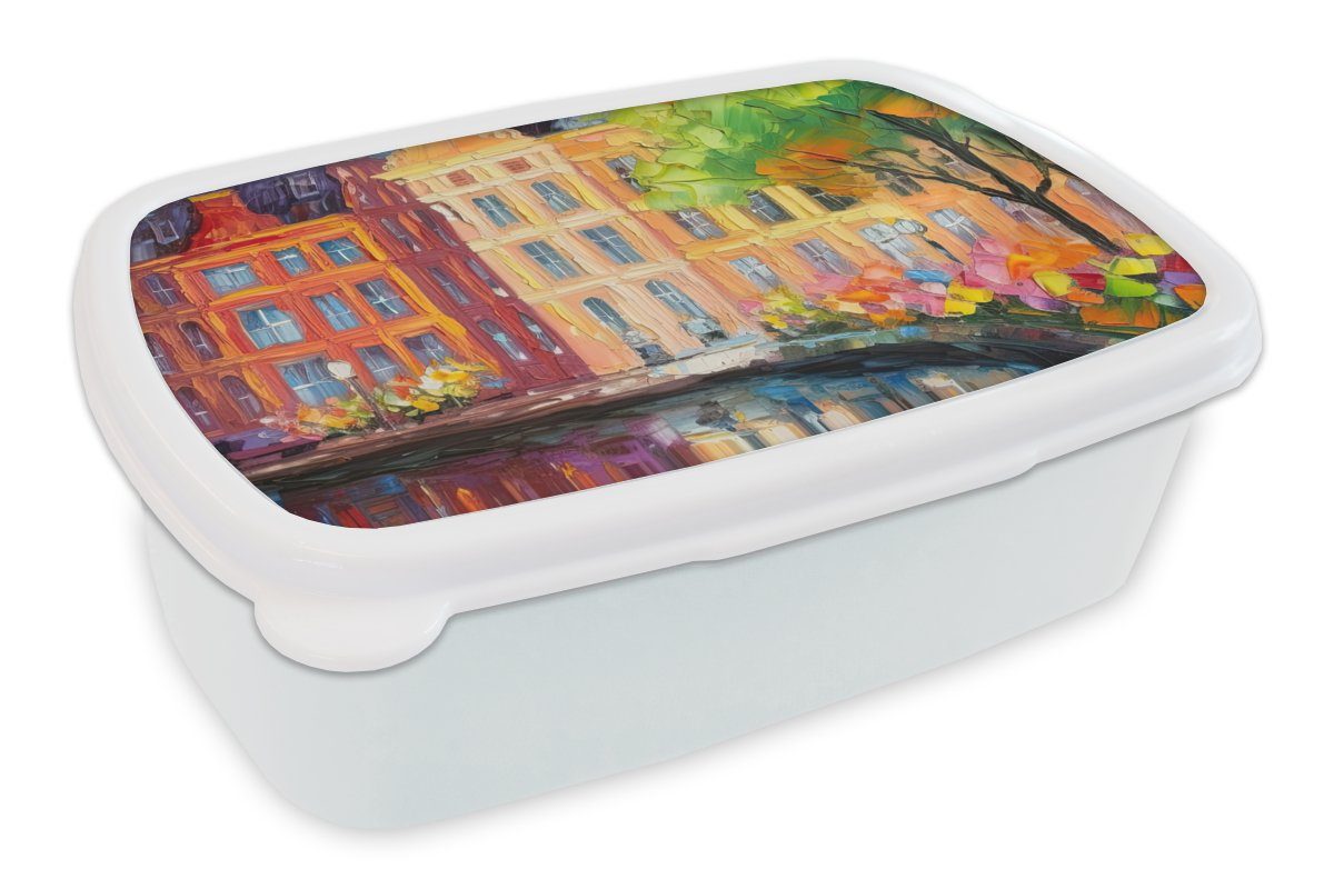 MuchoWow Lunchbox Ölgemälde - Amsterdam - Kunst - Farbenfroh, Kunststoff, (2-tlg), Brotbox für Kinder und Erwachsene, Brotdose, für Jungs und Mädchen weiß | Lunchboxen
