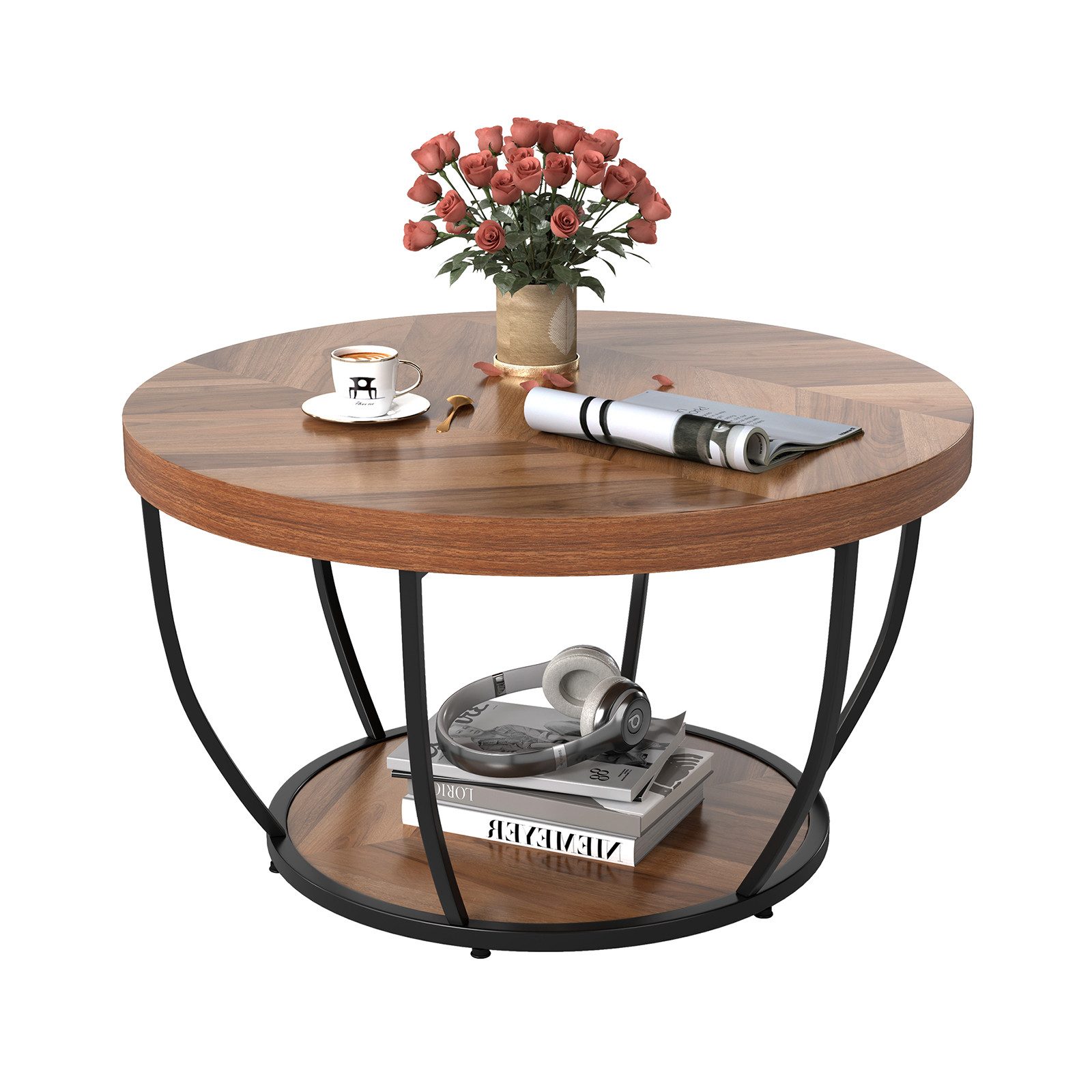 COSTWAY Couchtisch, Couchtisch rund, Sofatisch Holz mit 2 Ebenen & Metallrahmen 80cm