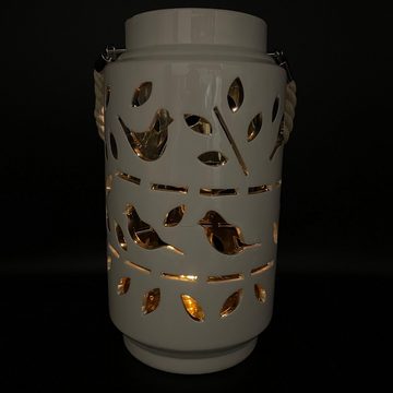 Online-Fuchs LED Solarleuchte als Laterne für außen aus Keramik mit Seilgriff creme, LED fest integriert, warmweiß oder RGB (Farbwechsel), 27 cm hoch, 15 cm Durchmesser, Tau, VÖGEL und BLÄTTER-Design