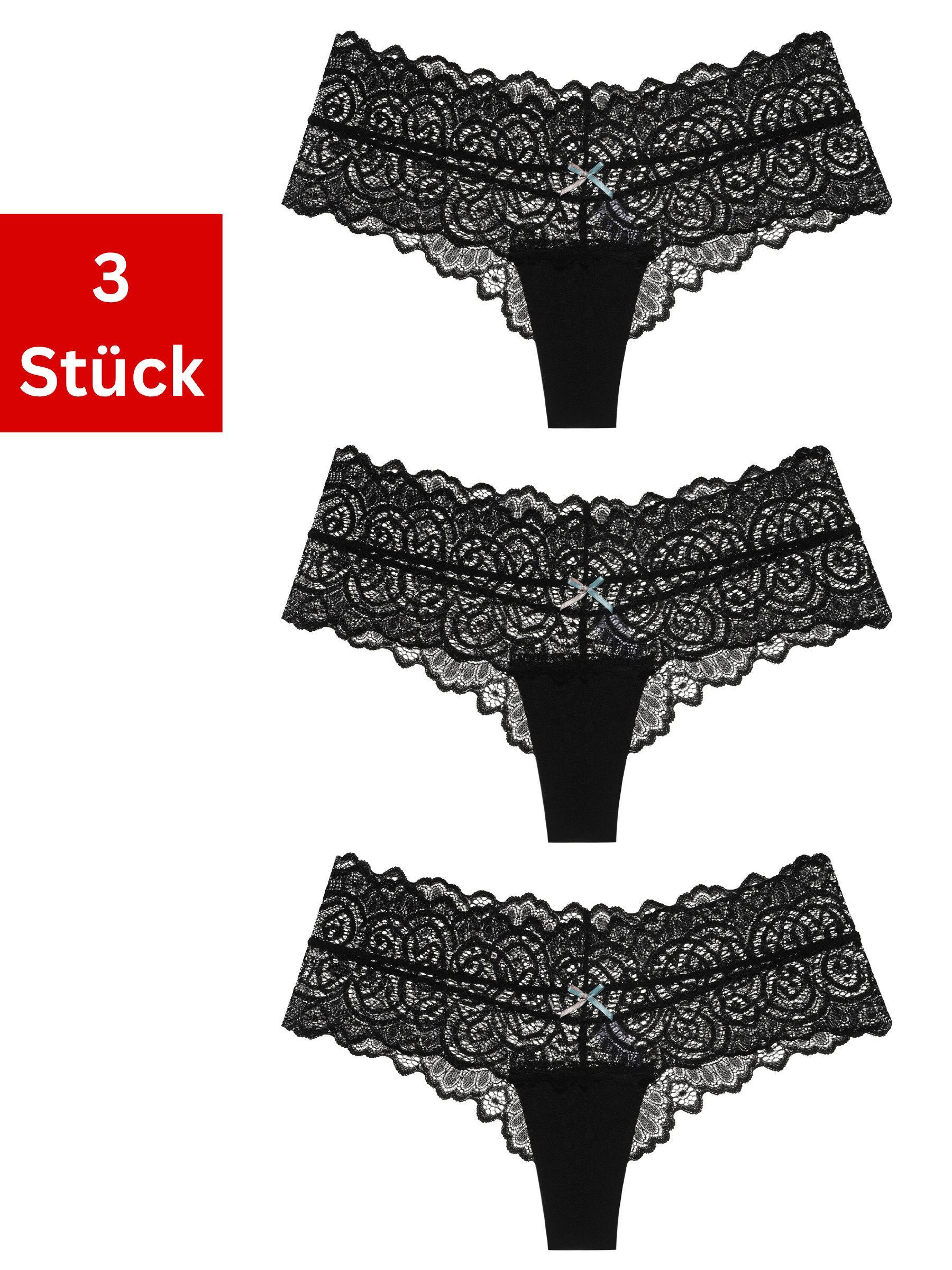 Elegant Love Tangaslip Sexy Damen Dessous, Slip, Panties, Unterwäsche in Spitzenoptik (Packung, 3-St., 3er-Pack) Tanga / V-String mit Schleife – feminines Lingerie-Höschen aus Spitze