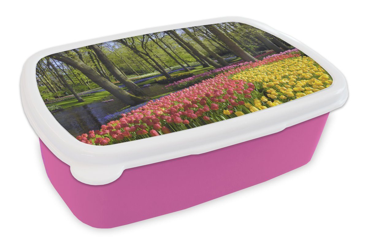 Brotdose MuchoWow Lunchbox in Kunststoff Mädchen, Keukenhof für Erwachsene, den Niederlanden, Teiches Brotbox Kunststoff, (2-tlg), Kinder, eines Snackbox, Blumenbeete entlang im rosa