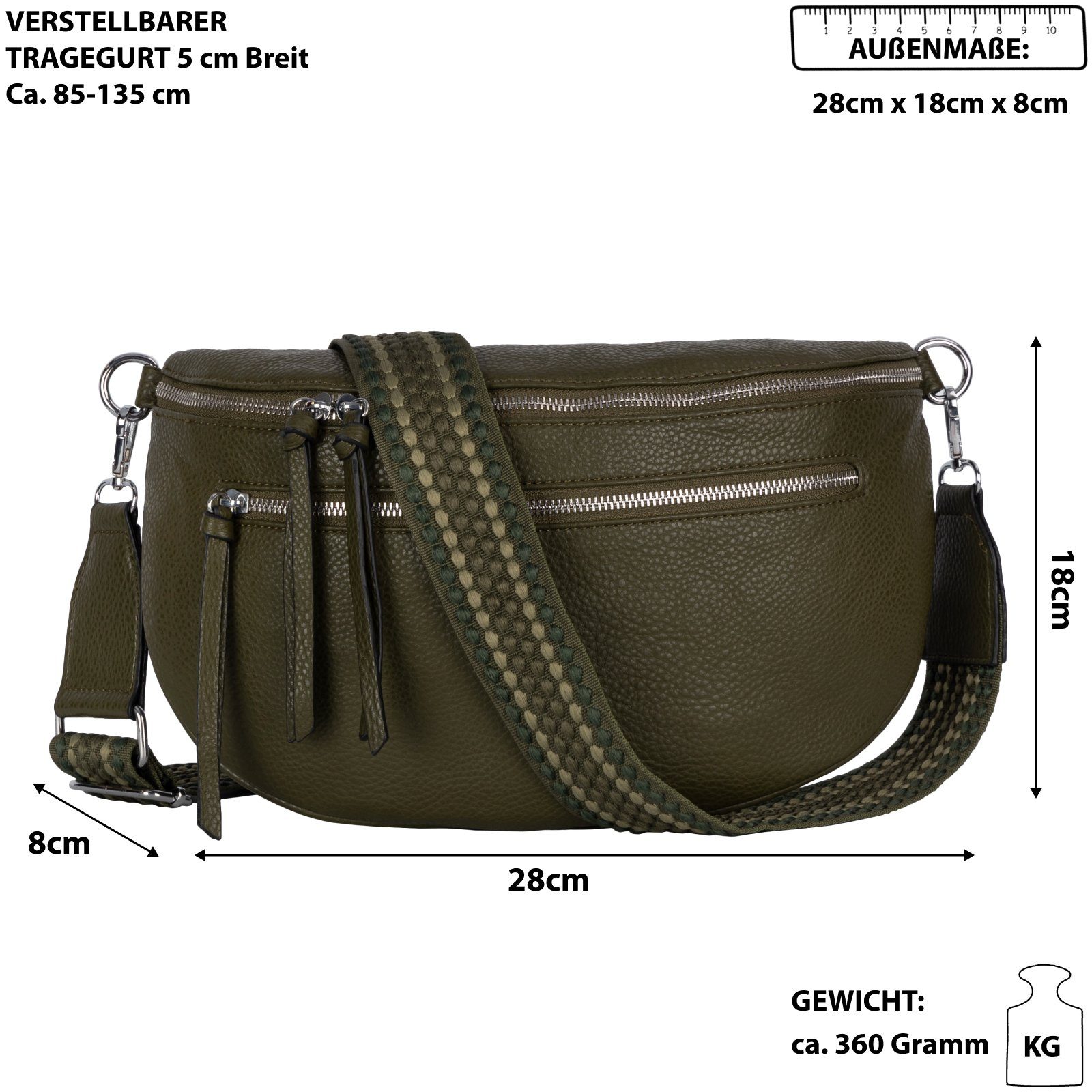 Gürteltasche tragbar Umhängetasche als Bauchtasche EAAKIE Crossbody-Bag DARK CrossOver, GREEN Kunstleder Umhängetasche Schultertasche, Hüfttasche Italy-D,