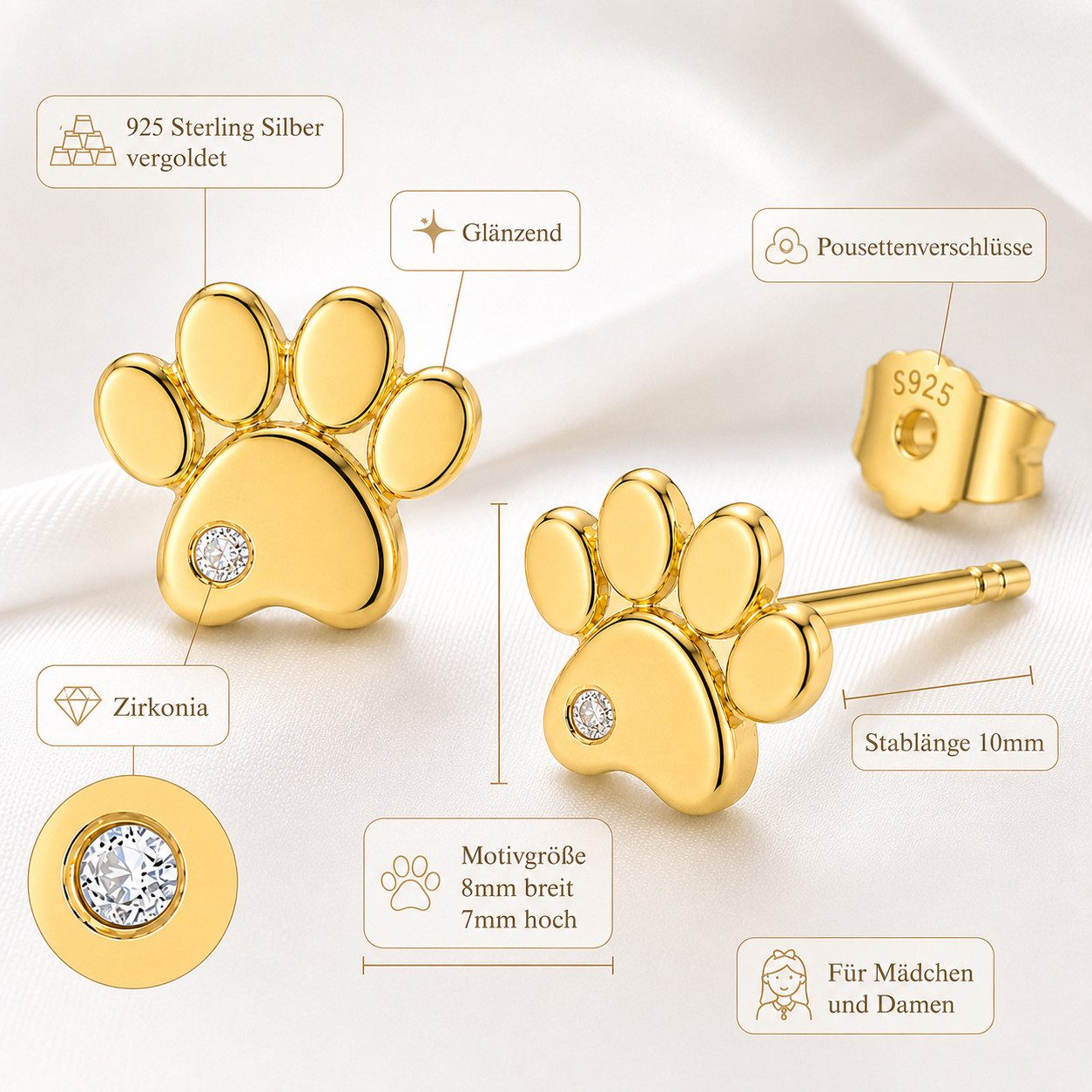 Limana Paar Ohrstecker dezente Pfoten Ohrringe Mädchen Damen 925 Silber gold Schmuck Geschenk (Silberschmuck inkl. Dose), Geburtstag Einschulung Schulanfang Ost – Bild 4 von 5