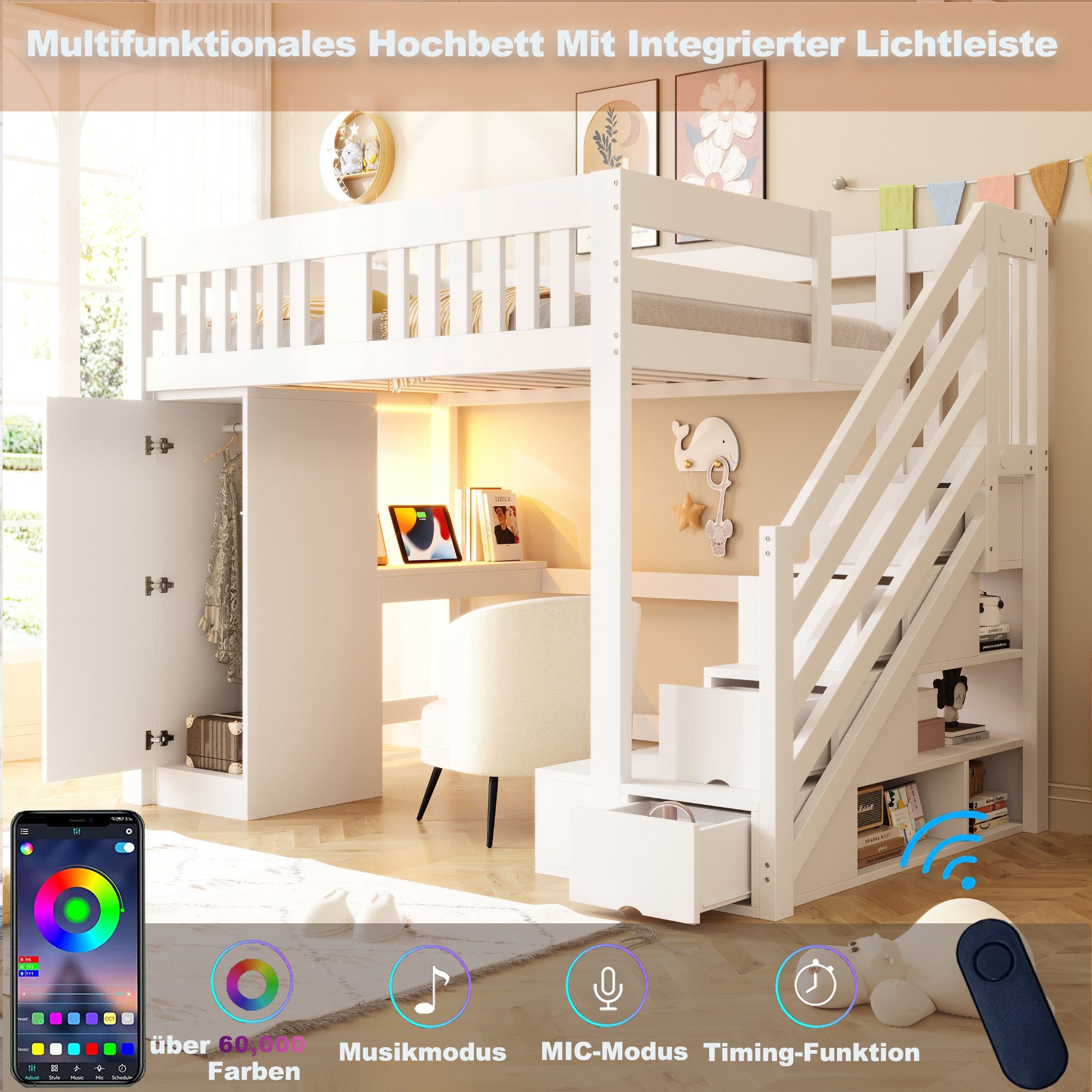 Celya Hochbett Holzbett, Jugendbett, 140 × 200 cm (ohne Matratze, Mit Stauraum, Schreibtisch Mit Euro-Steckdose, mit mehrfarbige LED-Lichtleiste, Einzelkleiderschrank, Hohes Geländer)