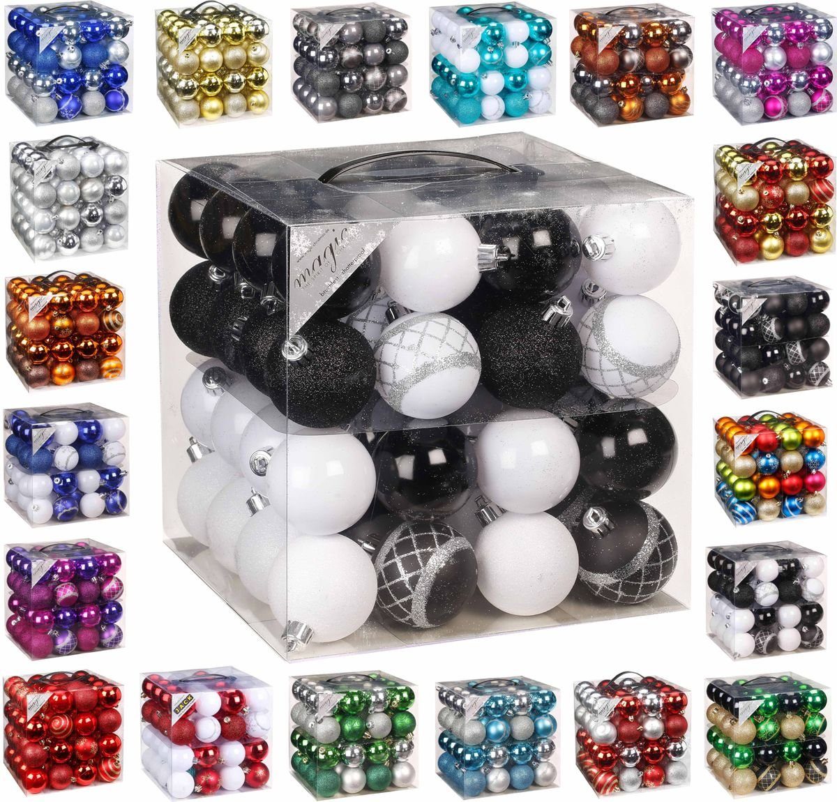 JACK Christbaumschmuck 64x Kunststoff Christbaumkugeln Ø 6cm Baum Kugeln inkl. Aufhänger, Mit praktischer Aufbewahrungsbox, Optik: matt / glänzend / glitzernd