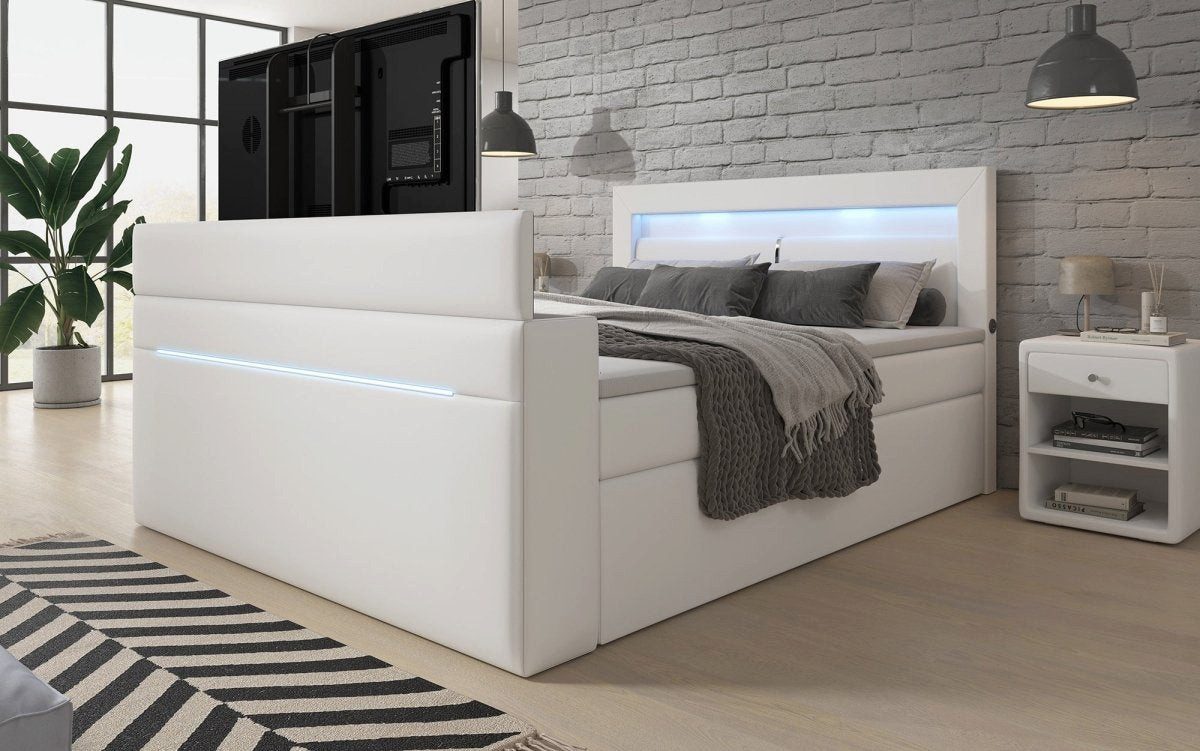 Luxusbetten24 Boxspringbett Reposito, mit TV Lift, USB, LED und Stauraum