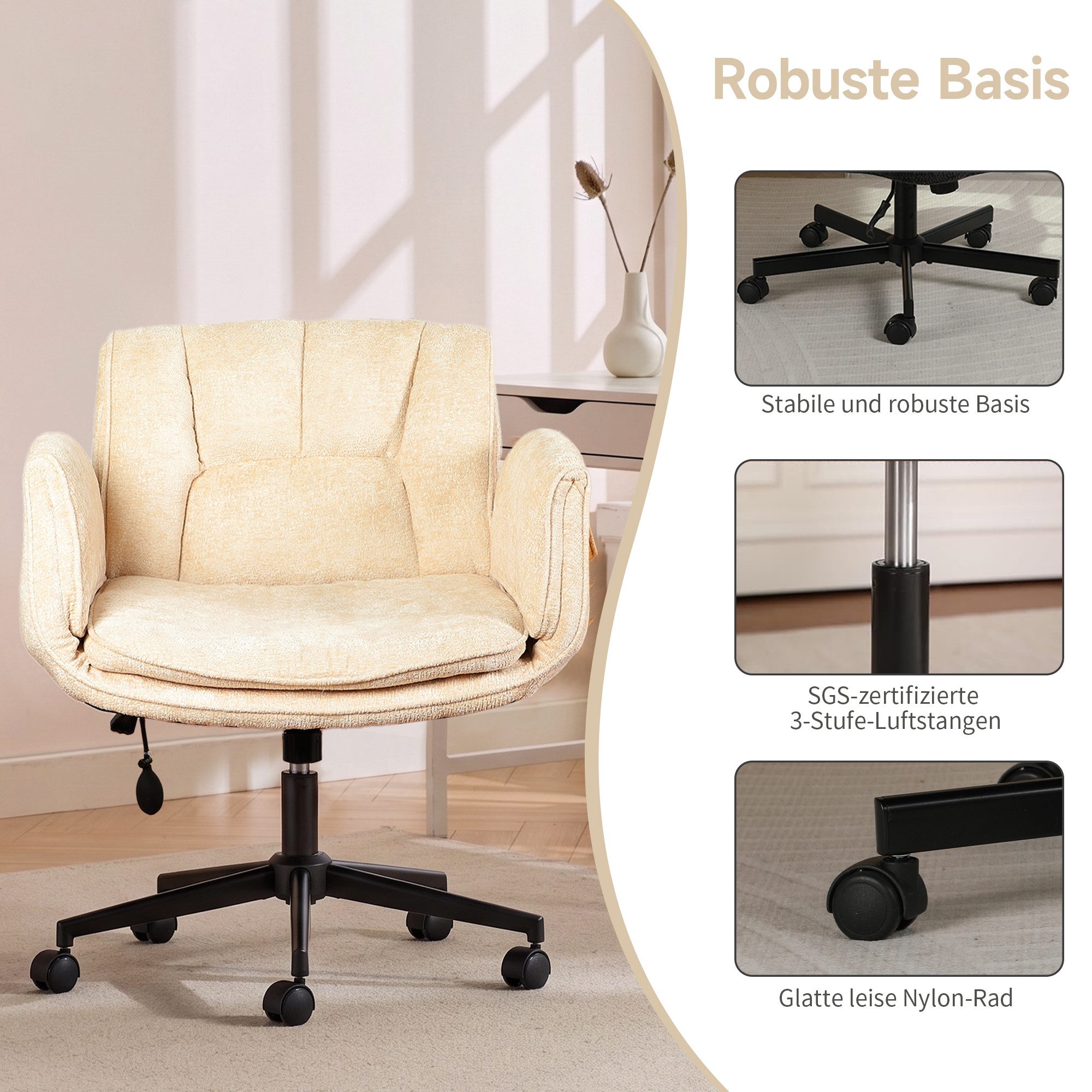 Vankel Drehstuhl Bürostuhl ergonomisch mit breitem Sitz & 5-fach Armlehnen, Schreibtischstuhl mit Chenille-Bezug, Rollen & 150 kg – Bild 5 von 5