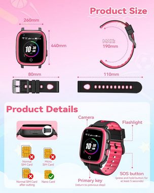 PIULAXIU Smartwatch (Android iOS), Kinder gps und 4g telefon wecker schulmodus taschenlampe geschenke