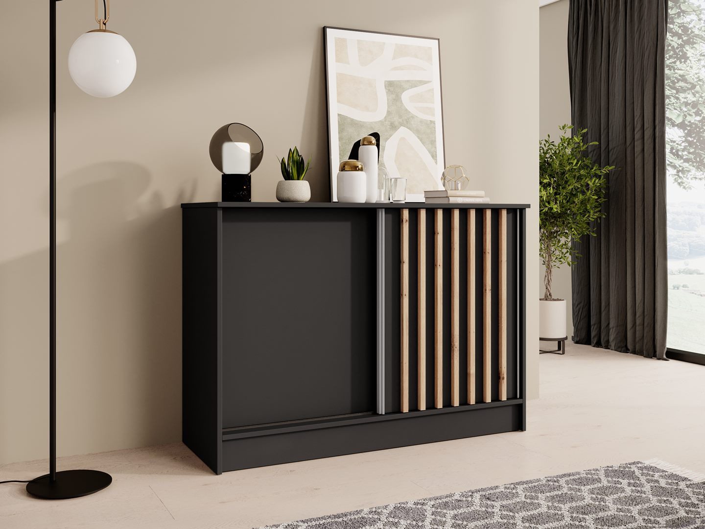 Beautysofa Kommode mit 2 Schiebetüren HORIZON (in 120 cm oder 160 cm, verschiedene Farben: Eiche Artisan, Schwarz, Weiß, Kaschmir), mit dekorativen Lamellen