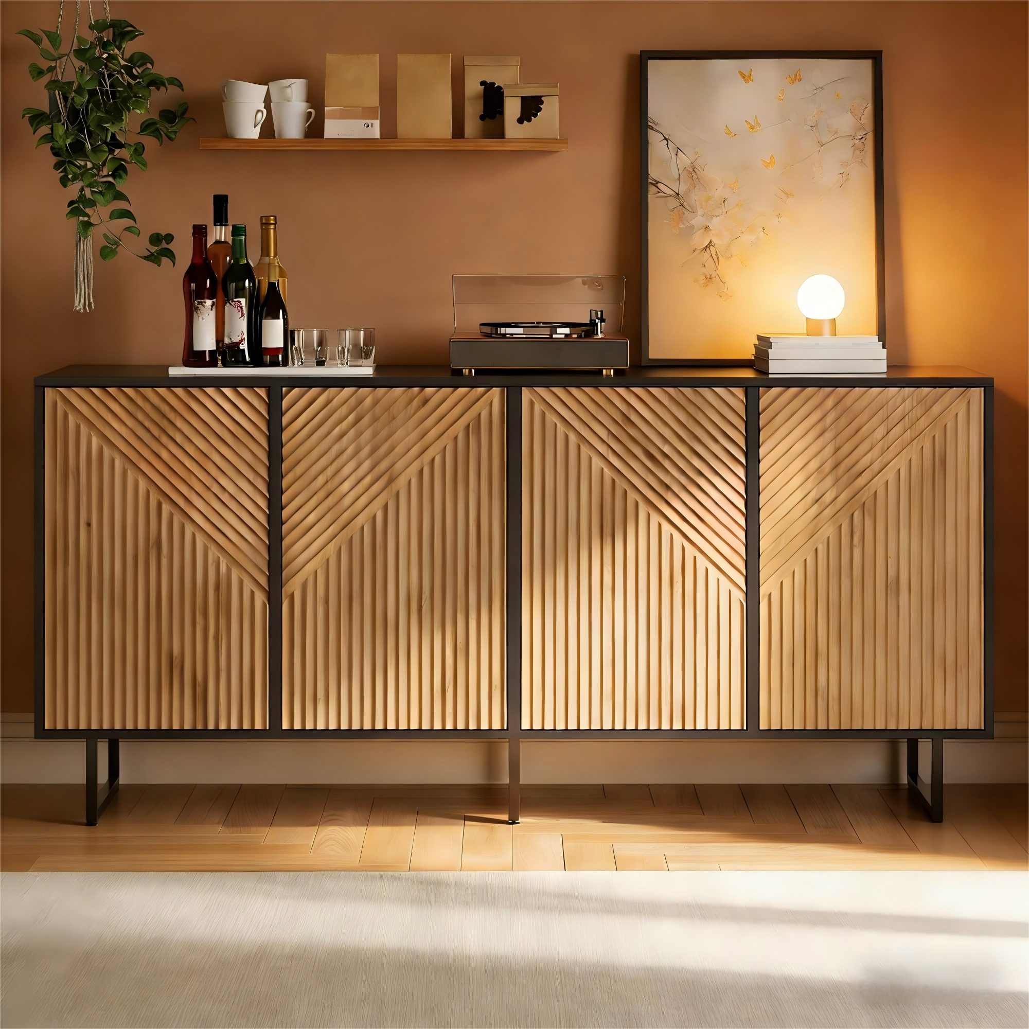 STILVORA Sideboard mit 4 Türen Vakuumgeformter Wohnzimmerschrank mit 3 Stützbeinen (Aufbewahrungsmöbel mit unterteiltem Stauraum, mit dreidimensionalen Texturen), symmetrischen Ansatz