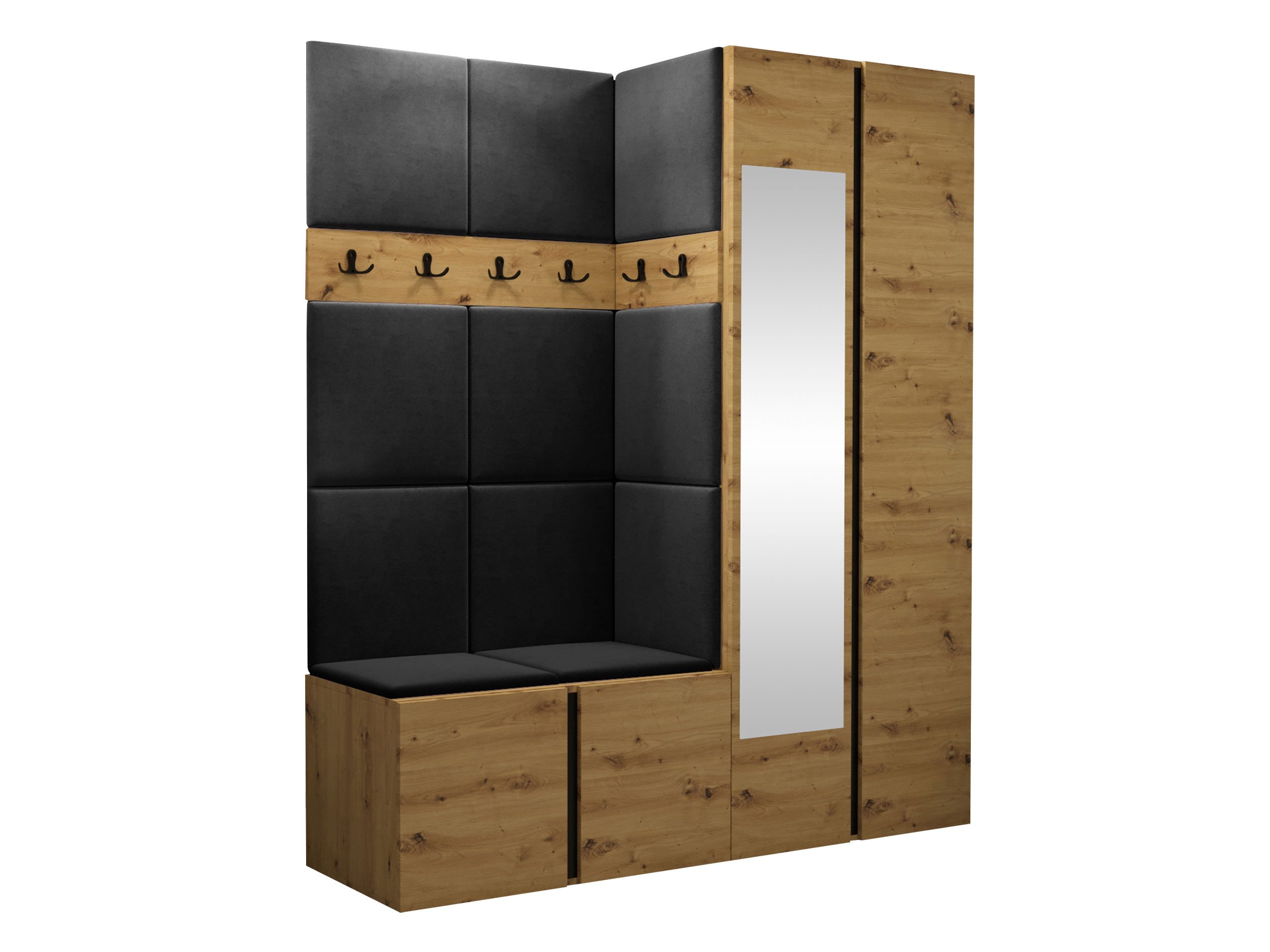 MIRJAN24 Garderoben-Set Orion XII, (Komplett-Set, Schrank, Schrank mit Spiegel, 2x Kleiderhaken, Paneel 11x 42x42), Auswahl aus Fronten und Polsterplatten