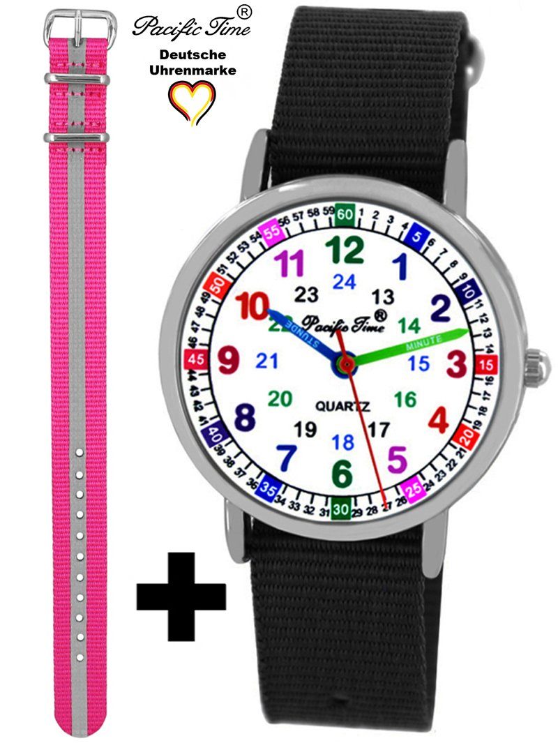 Pacific Time Quarzuhr Set Kinder Armbanduhr Lernuhr Wechselarmband, Mix und Match Design - Gratis Versand schwarz und Reflektor pink