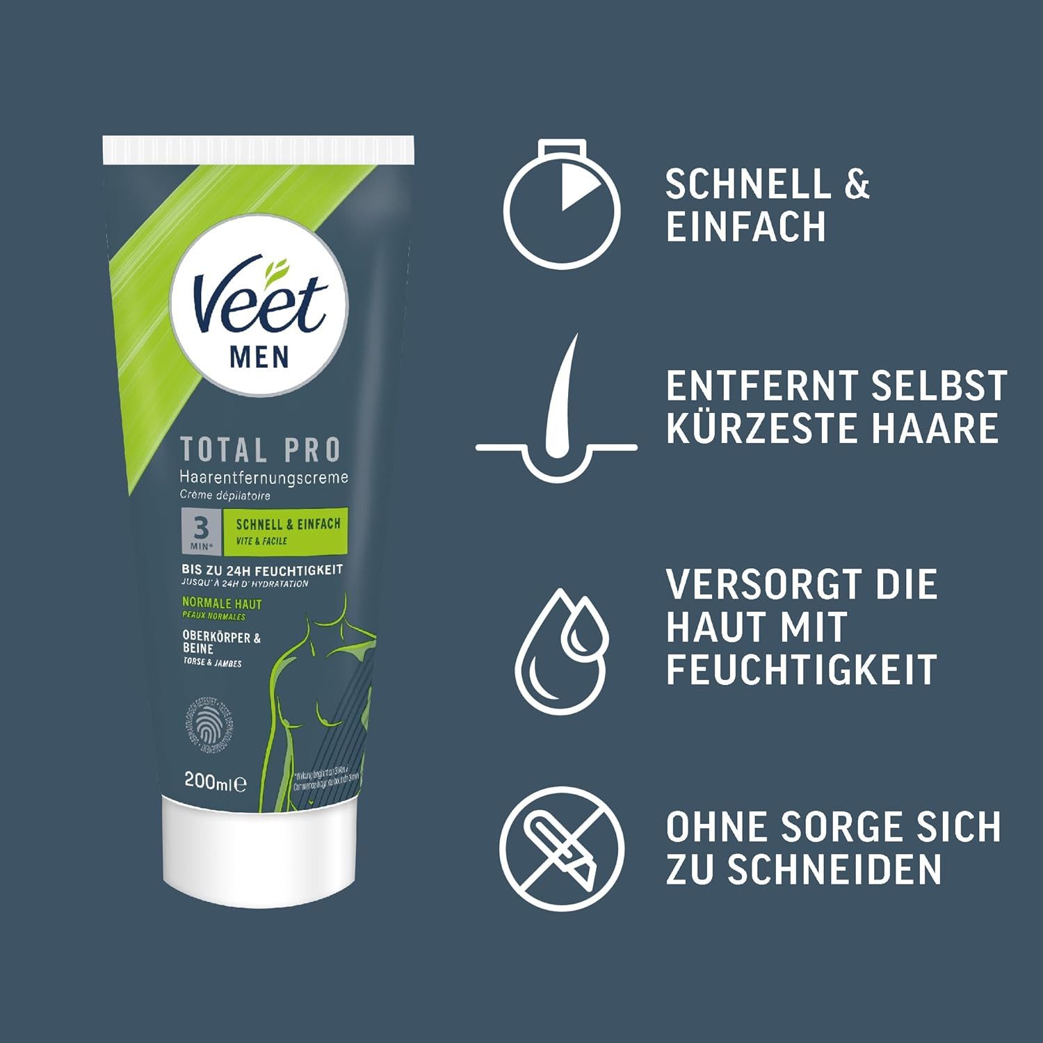 Veet MEN Enthaarungscreme Haarentfernungscreme, Set mit Tube & Spatel, 1 St., 200ml, für Oberkörper & Beine