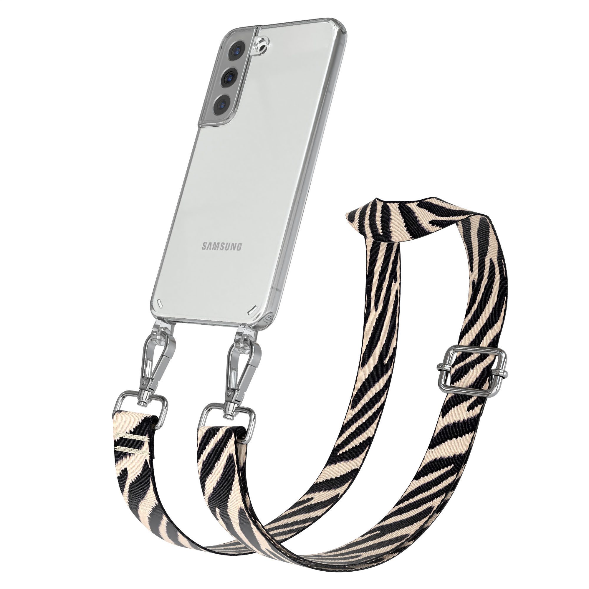 EAZY CASE Handykette Boho Umhängeband für Samsung Galaxy S22 5G 6,1 Zoll, Verstellbarer Zebra Trageriemen Case transparent Kette Schwarz Beige