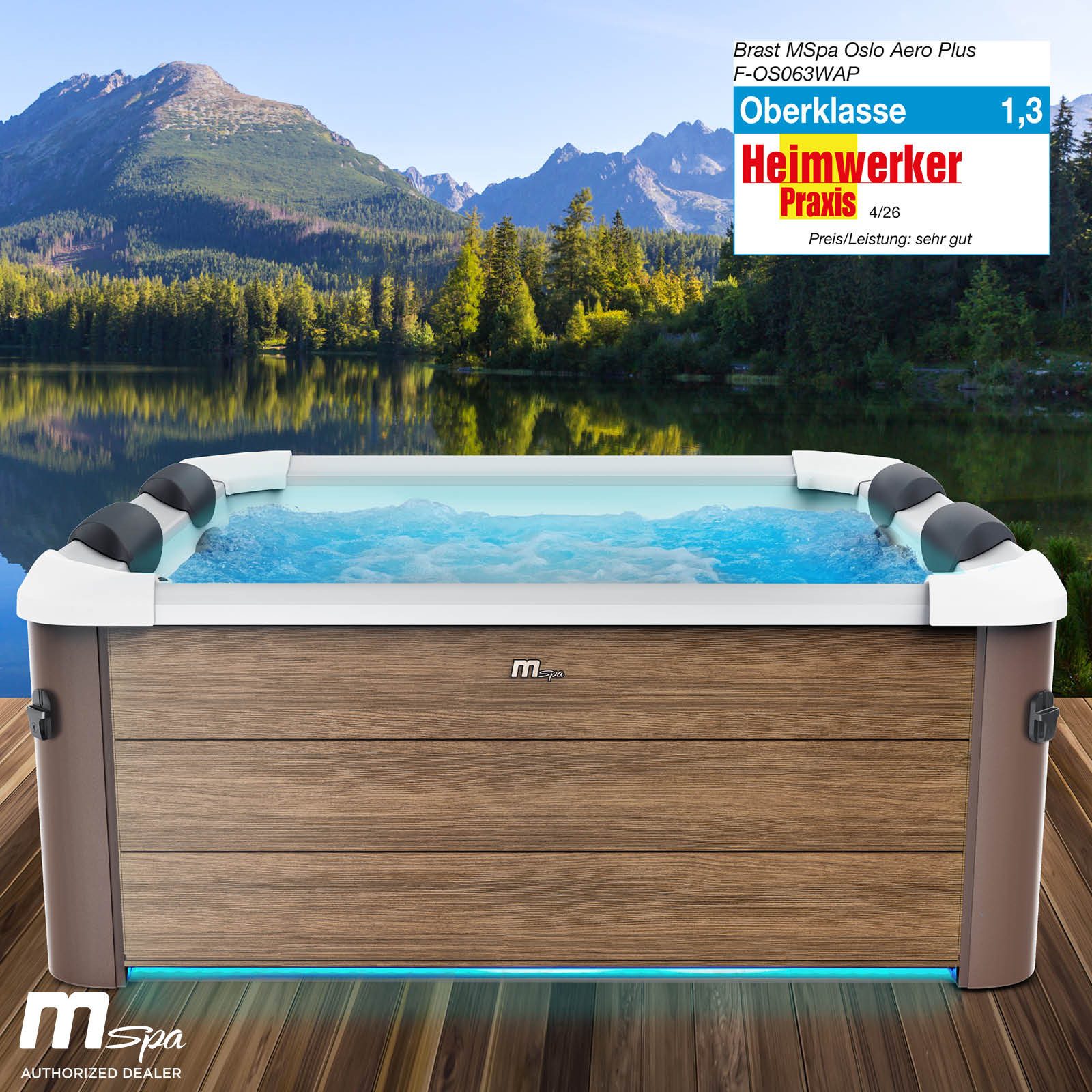 BRAST Whirlpool MSpa Oslo & Amber Aero Plus mit Fester Außenwand inkl. LED-Beleuchtung, (für 6 Personen, 180x180x65cm, 140 Massagedüsen), Ganzjähriger Einsatz Winterfest, In & Outdoor Pool