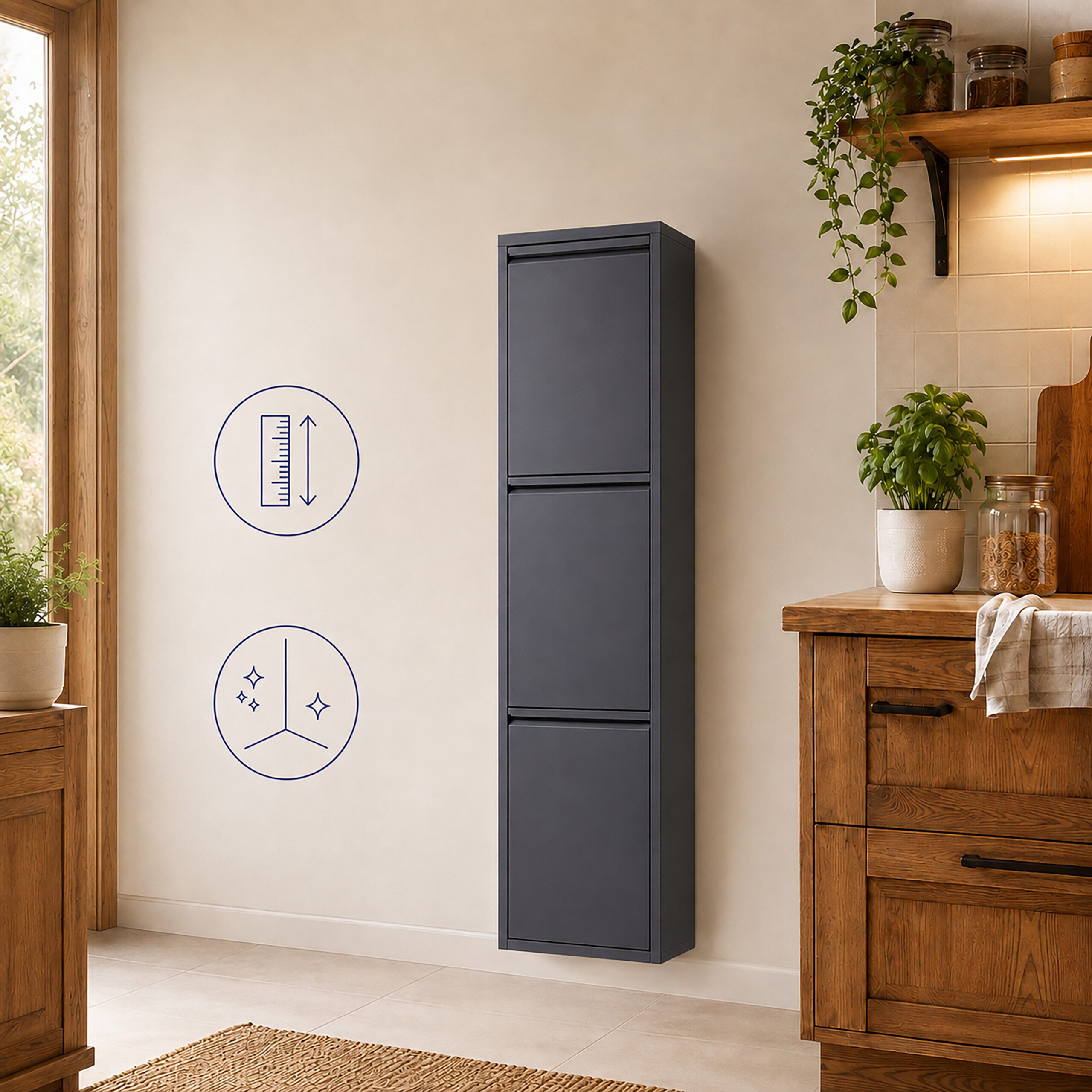 relaxdays Mülltrennsystem Mülleimer 3 Fächer 3x18 l, Anthrazit – Bild 3 von 5