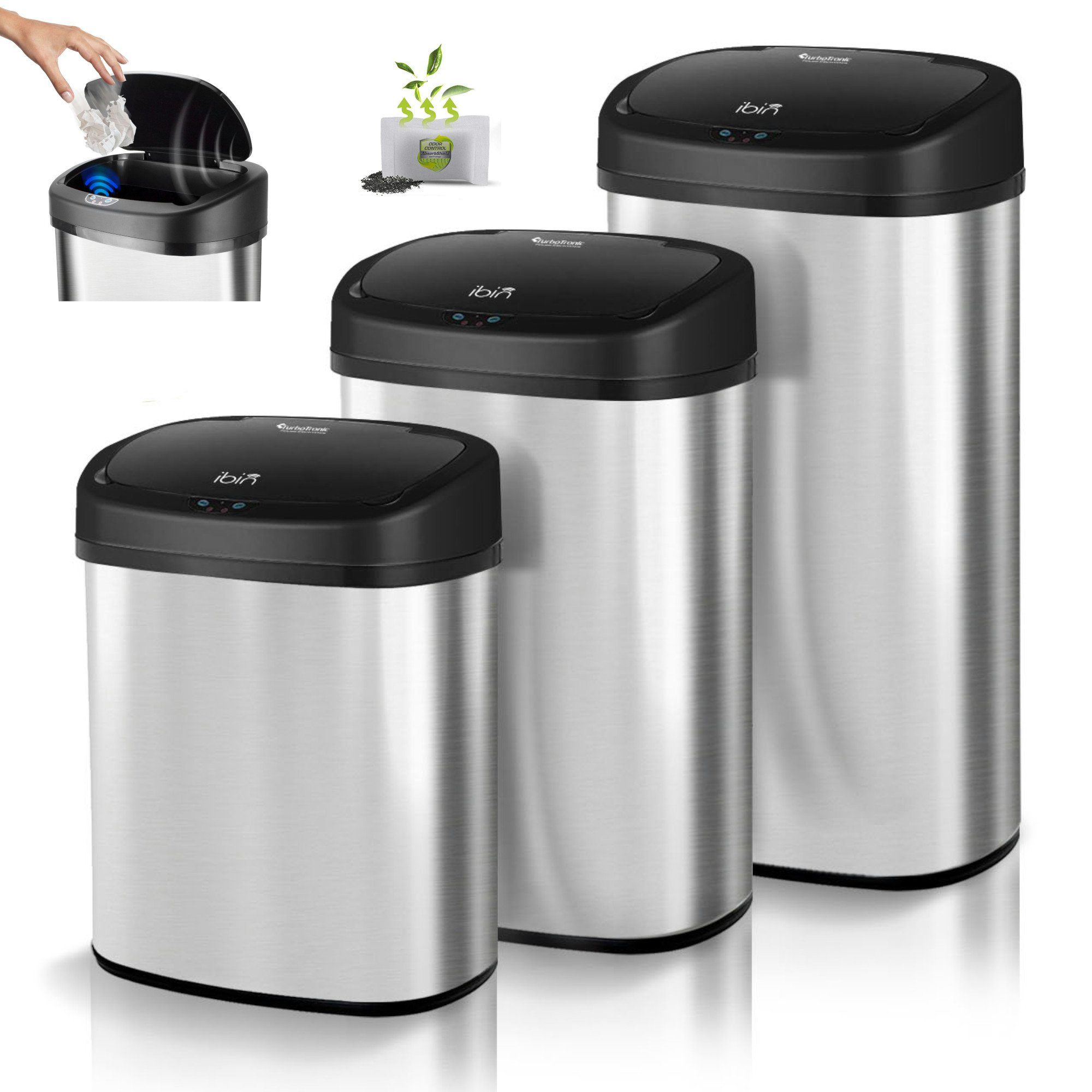 TurboTronic by Z-Line Mülleimer Sensor Mülleimer, Batterie- und Netzbetrieb, Geruchsfilter, Automatik Abfalleimer, Müllbehälter Edelstahl, 38L, 48L, 58L