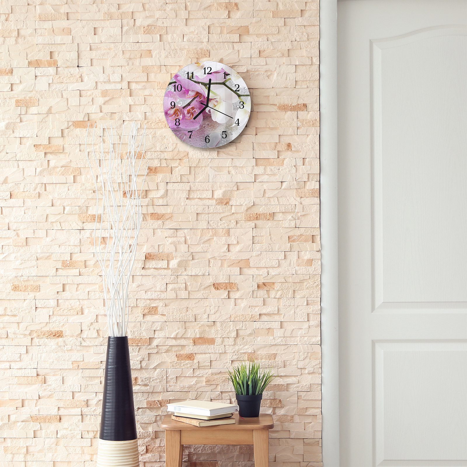 Quarzuhrwerk mit Tropfen 30 Wanduhr mit Durchmesser und Primedeco mit Glas Rund Orchideenblüten - aus cm Motiv Wanduhr