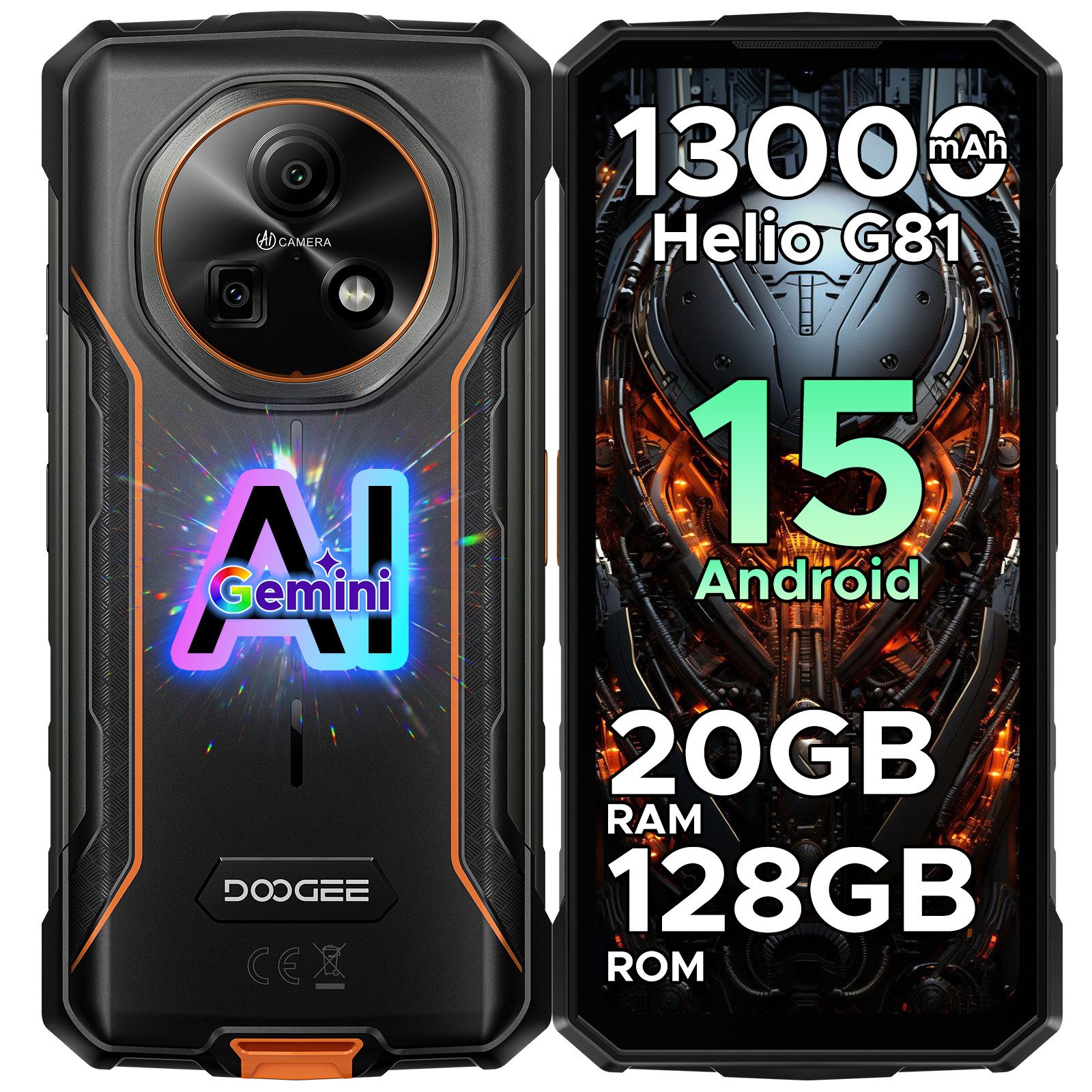 DOOGEE FIRE 5 PRO IP68/IP69K 13000mAh 6.6" 90Hz 128GB Android 15 Outdoor Smartphone (48 MP Kamera, 13MP 8MP erweiterbar auf 2TB 8W Schnellladung & 5W Reverse-Charging)