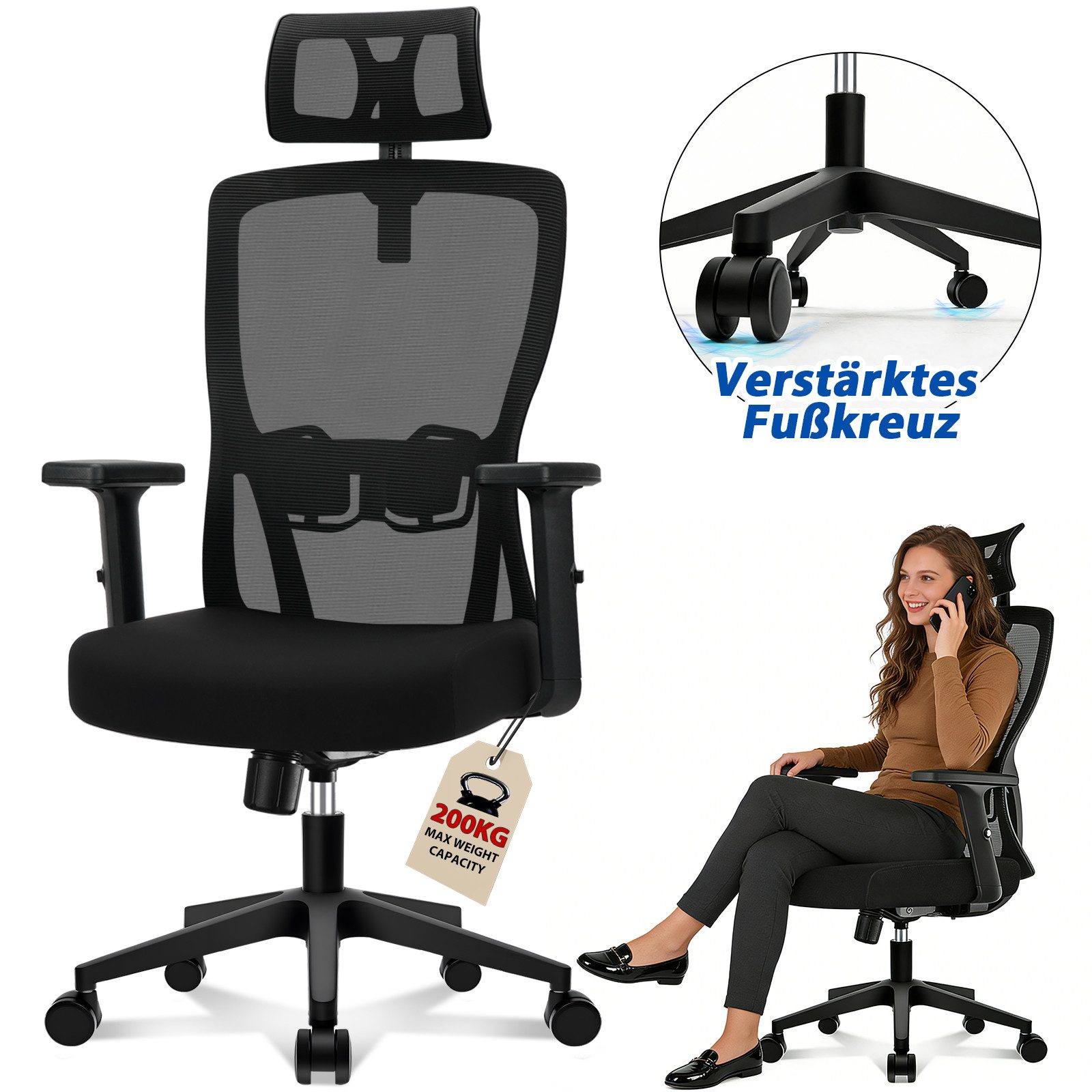 Durrafy Bürostuhl Ergonomischer Mesh Bürostuhl – Bis 200 kg belastbar & atmungsaktiv (Drehstuhl mit verstellbaren Armlehnen und Kopfstütze), 130° Wippfunktion, verstellbare Lordosenstütze, belastbar bis 200 kg
